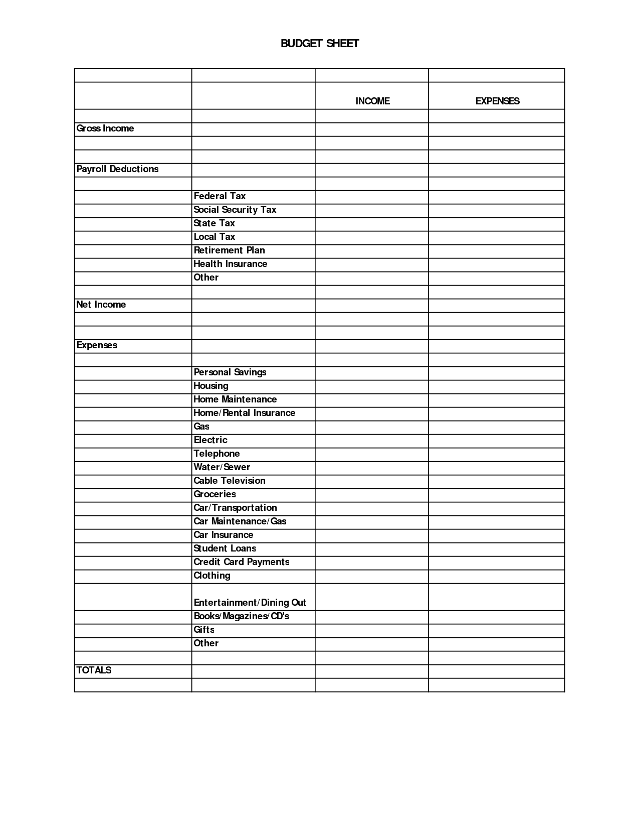 Printable Blank Worksheet Budget Sheet Image