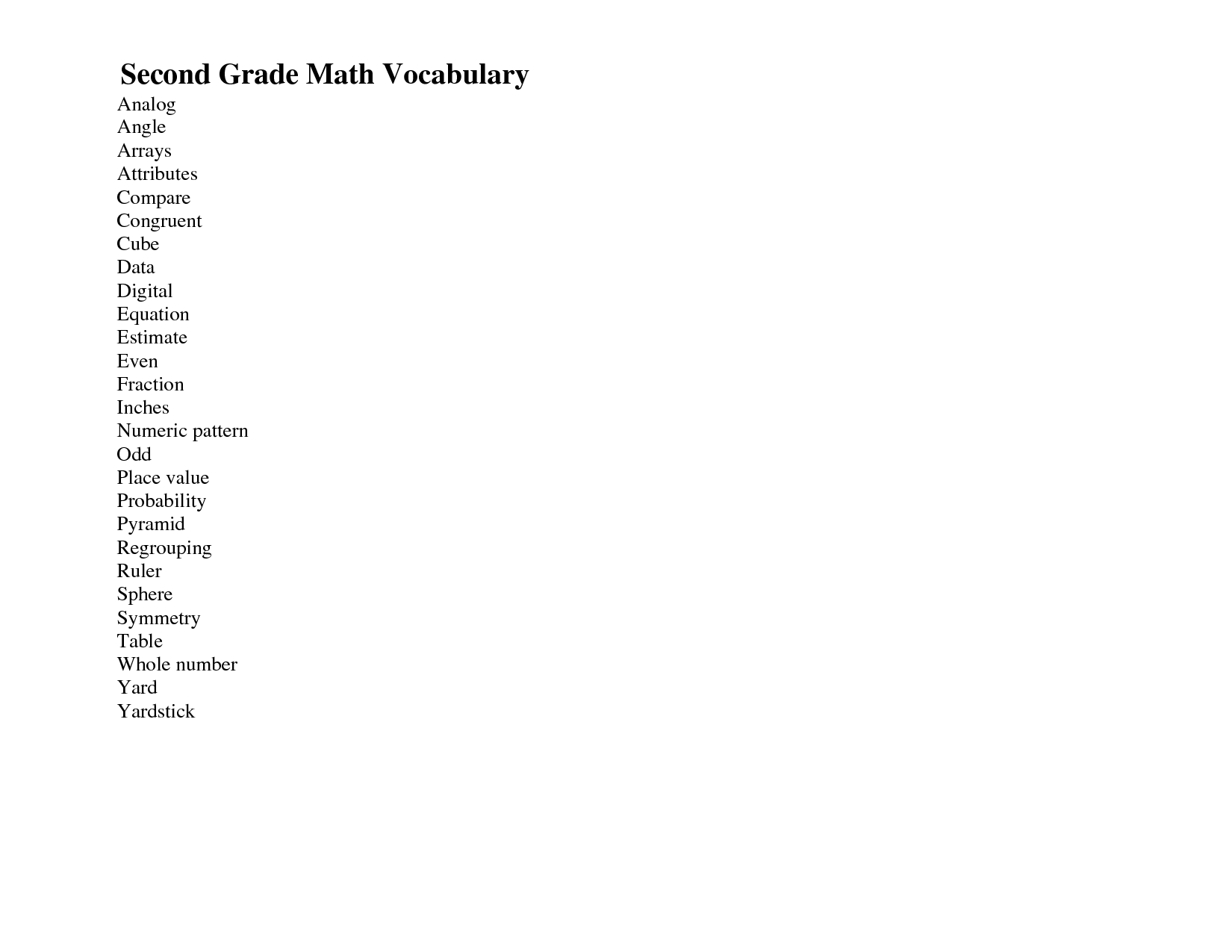Second Grade Math Vocabulary Image
