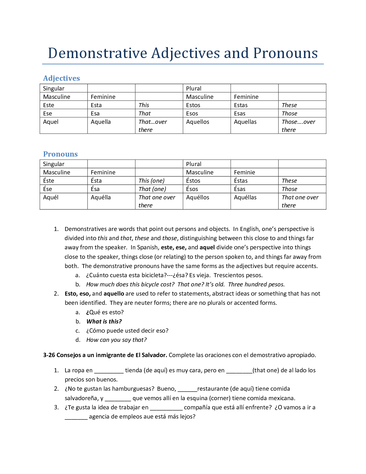 Spanish Demonstrative Adjectives And Pronouns Quiz