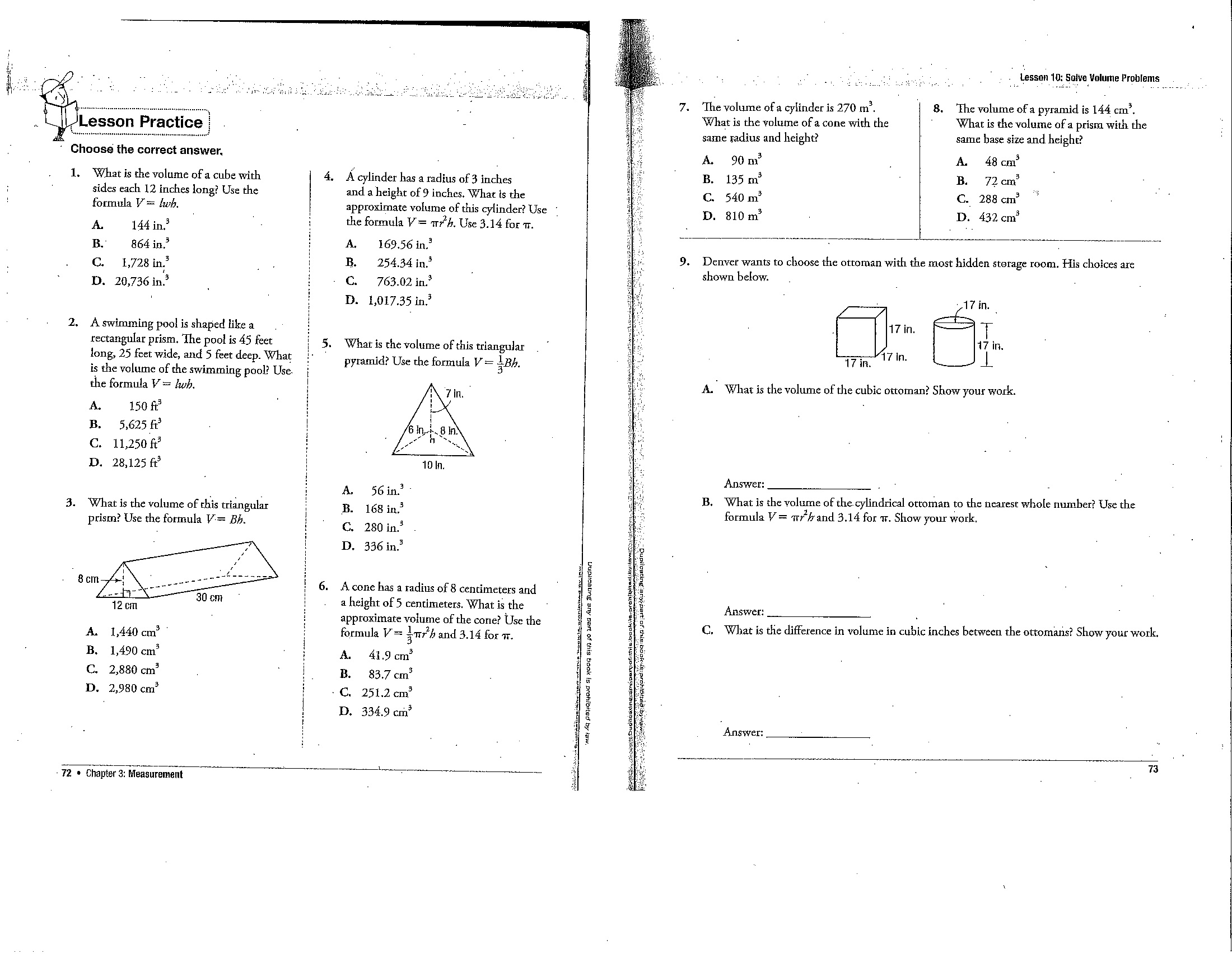 Surface Area and Volume Worksheet 8th Grade Math Practice Image