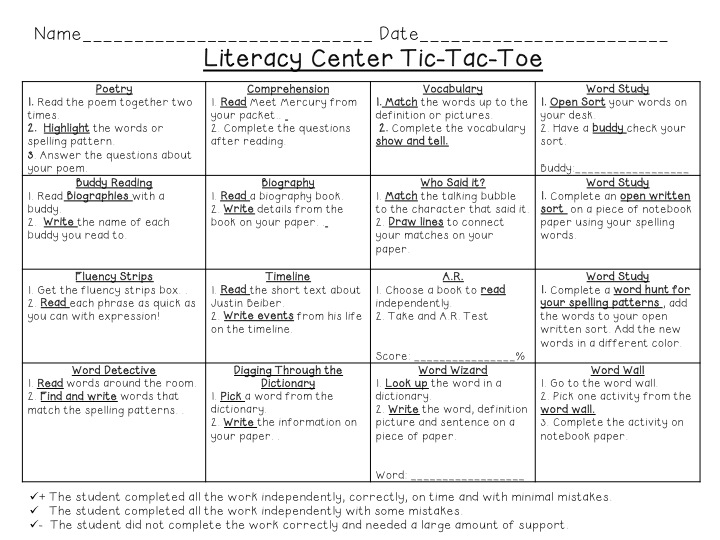 Tic Tac Toe 4th Grade Reading Worksheet Image