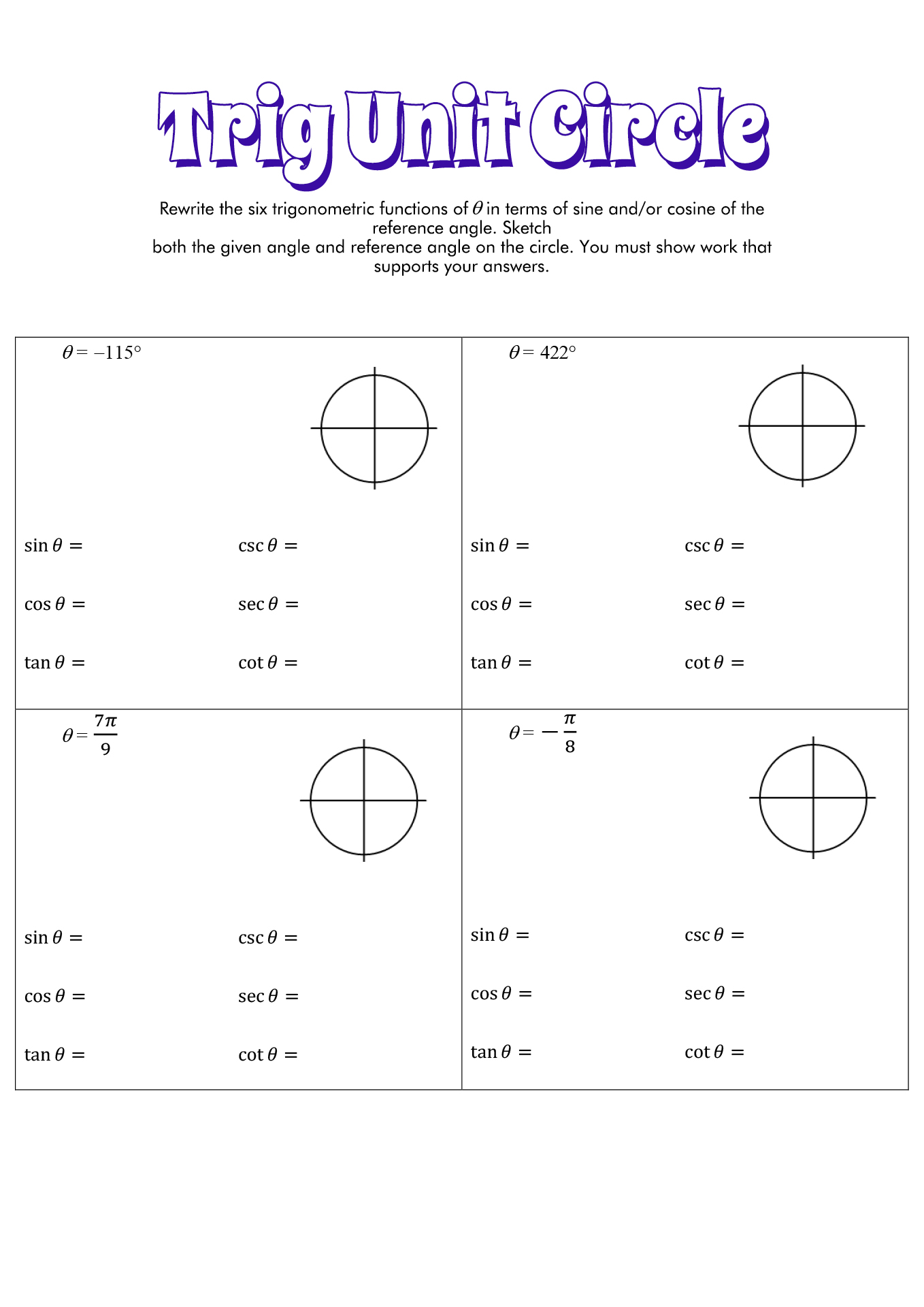 Trig Unit Circle Worksheet Image
