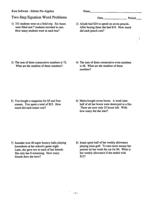 Two-Step Equation Word Problems Image