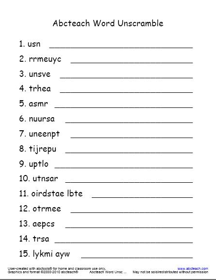 Word Unscramble Worksheets Image