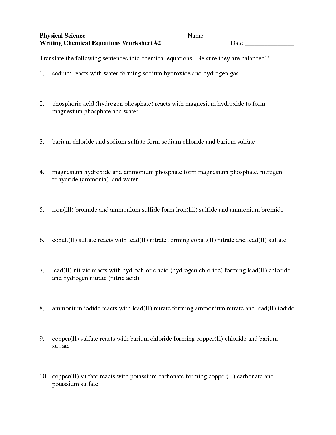 Writing Chemical Equations Worksheet Answers Image