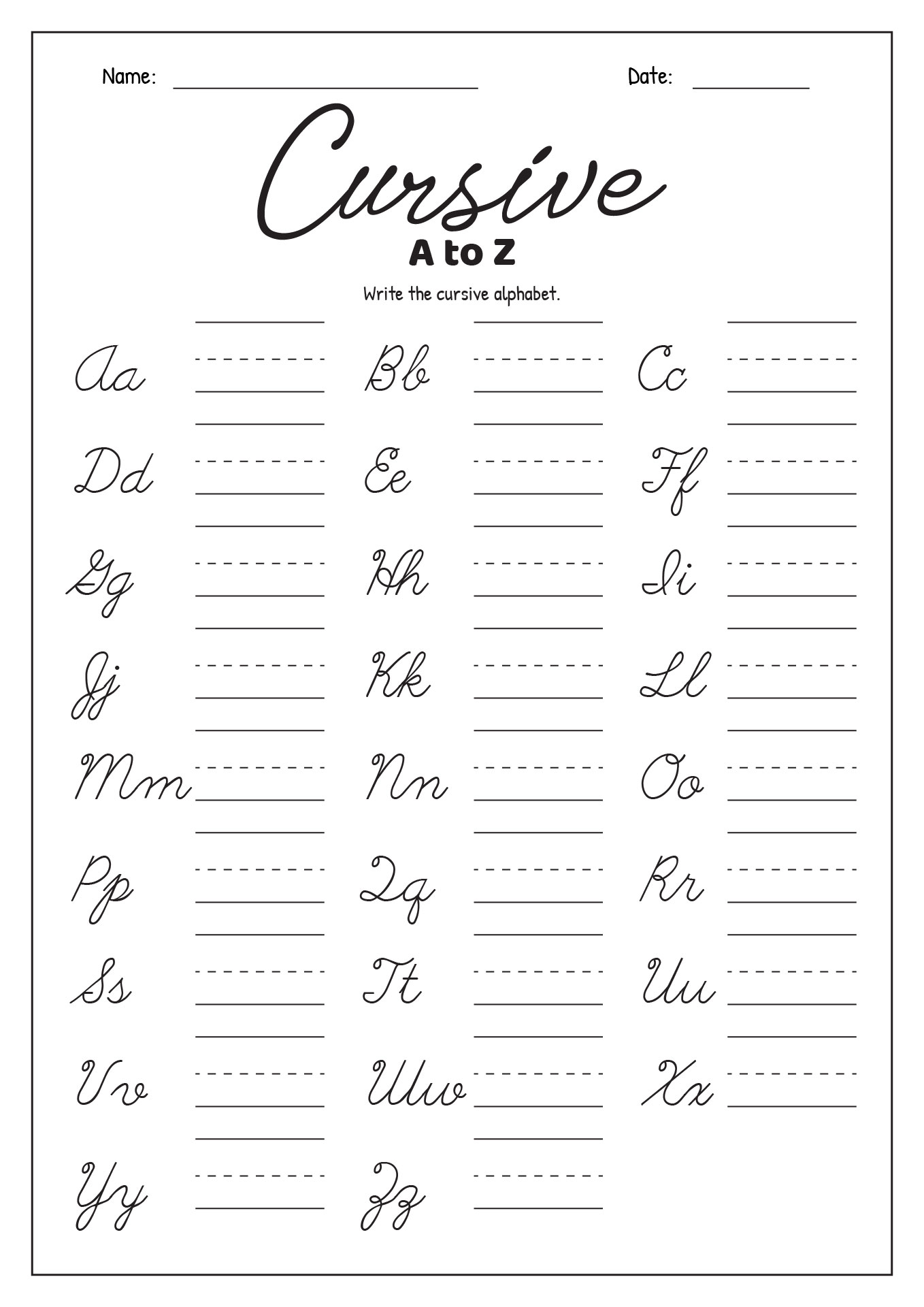 A to Z Cursive Writing Practice Sheets 5th Grade