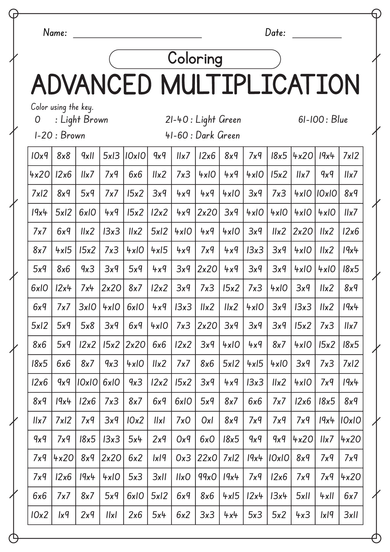 Advanced Coloring Multiplication Math Worksheets
