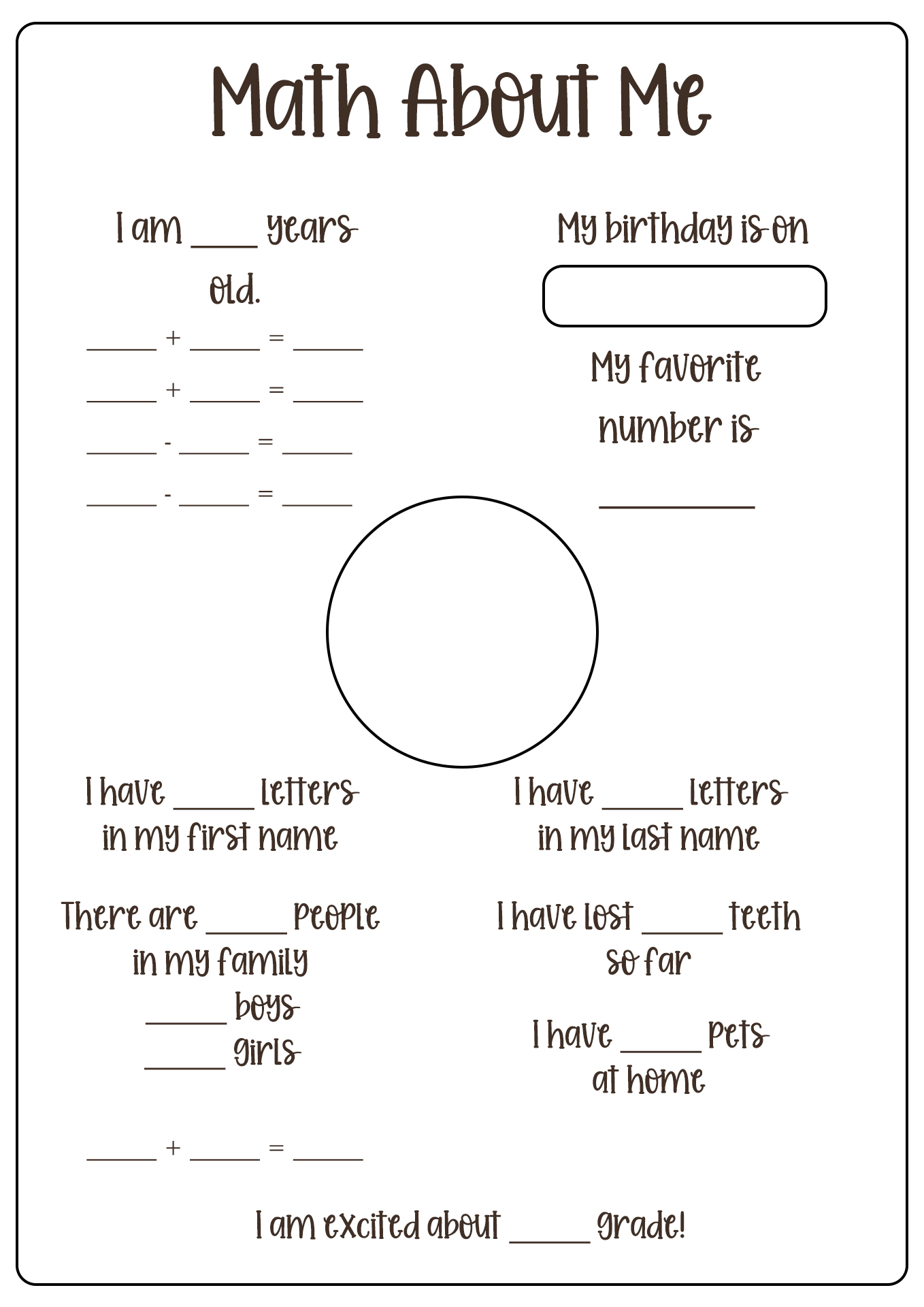 All About Me Math Worksheet Image