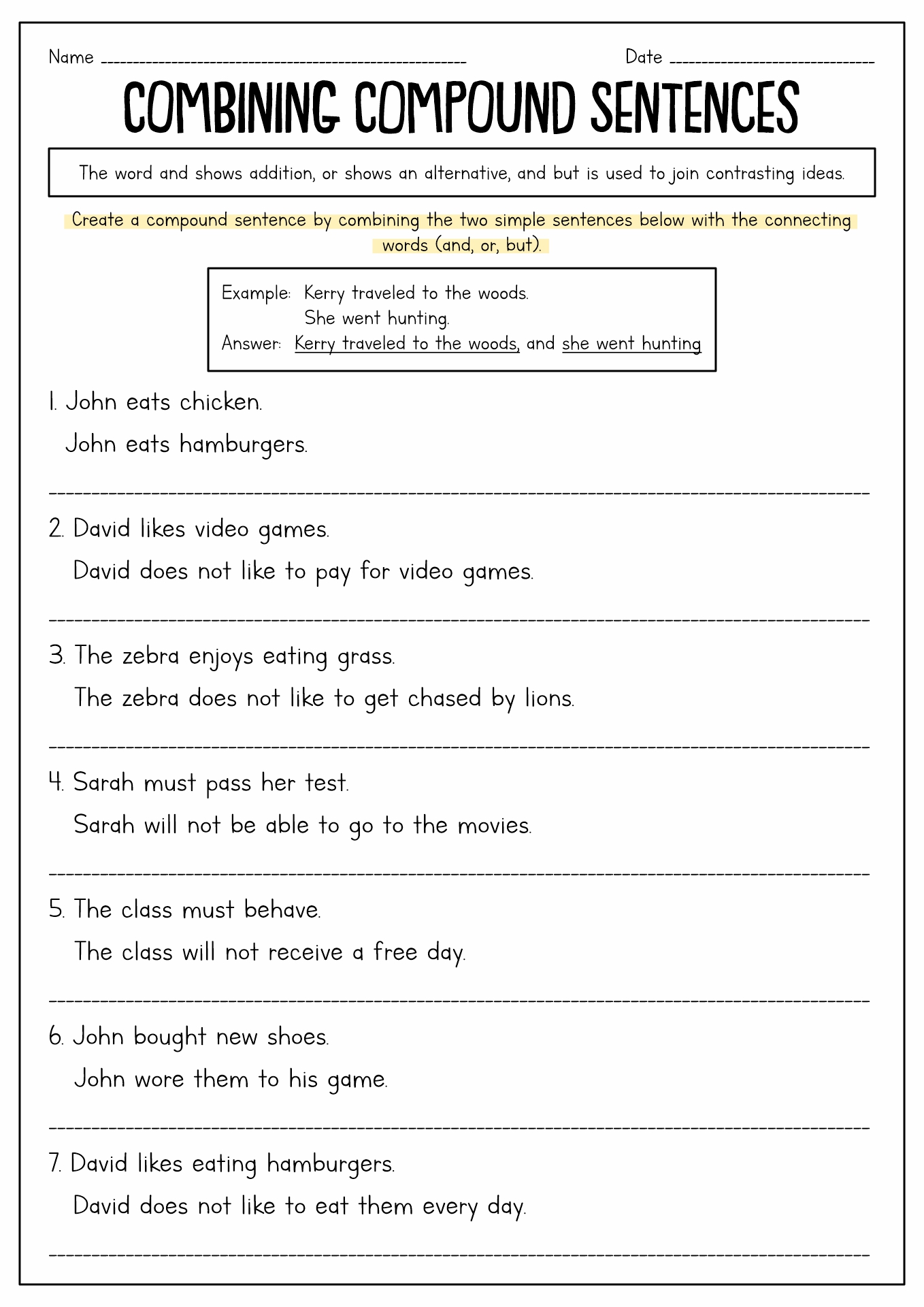Compound Sentences Worksheets 2nd Grade