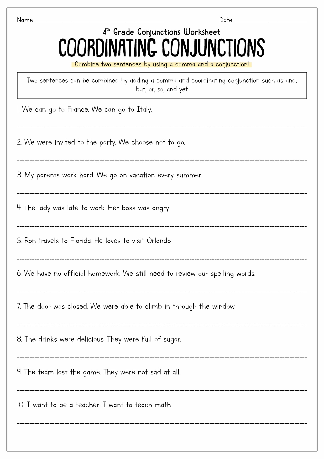 Conjunction Sentences Worksheet Image
