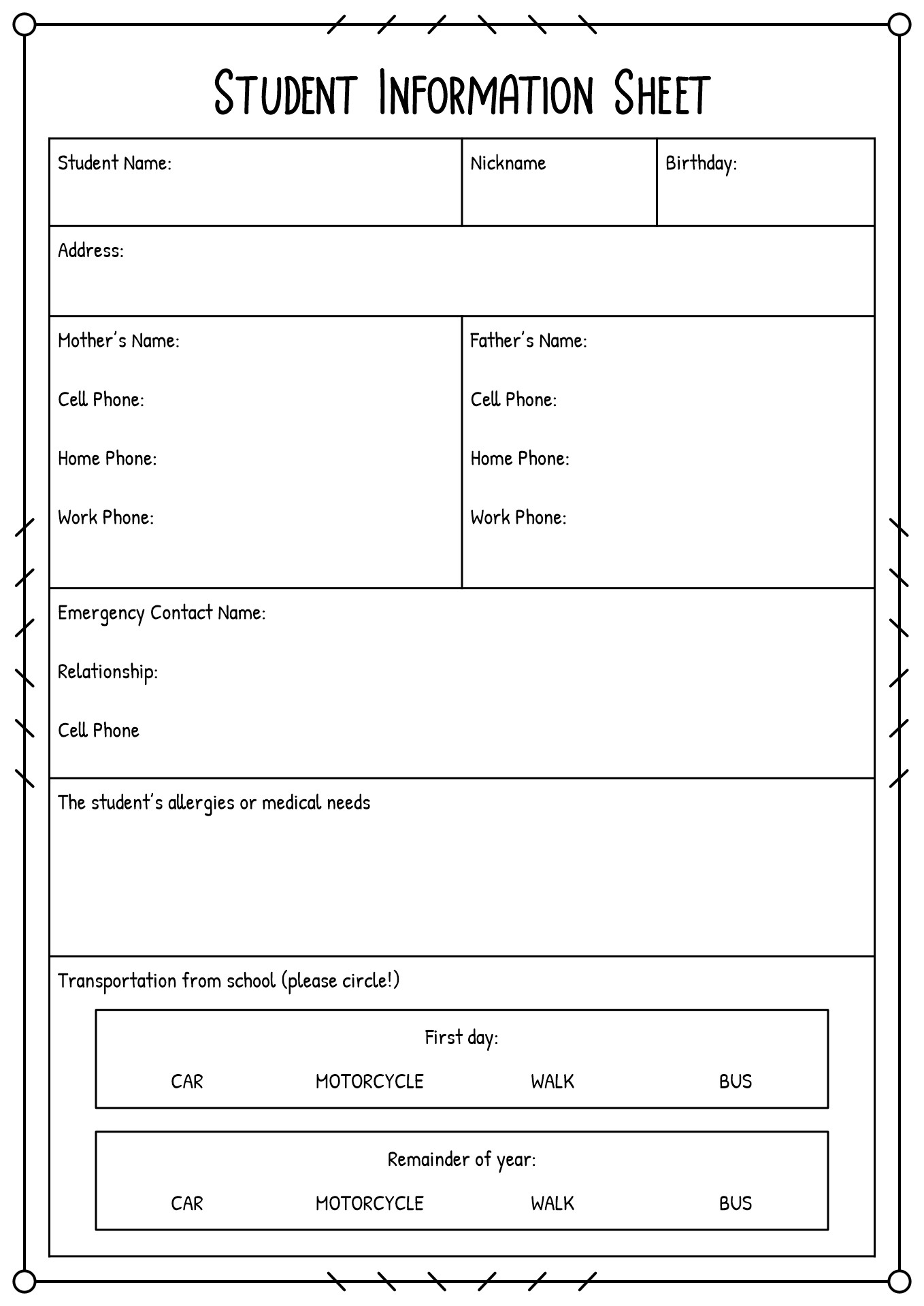 First Day of School Student Information Sheet