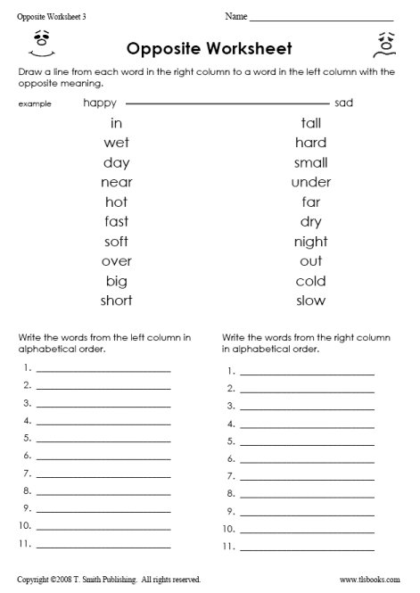 Opposite Word Worksheets First Grade