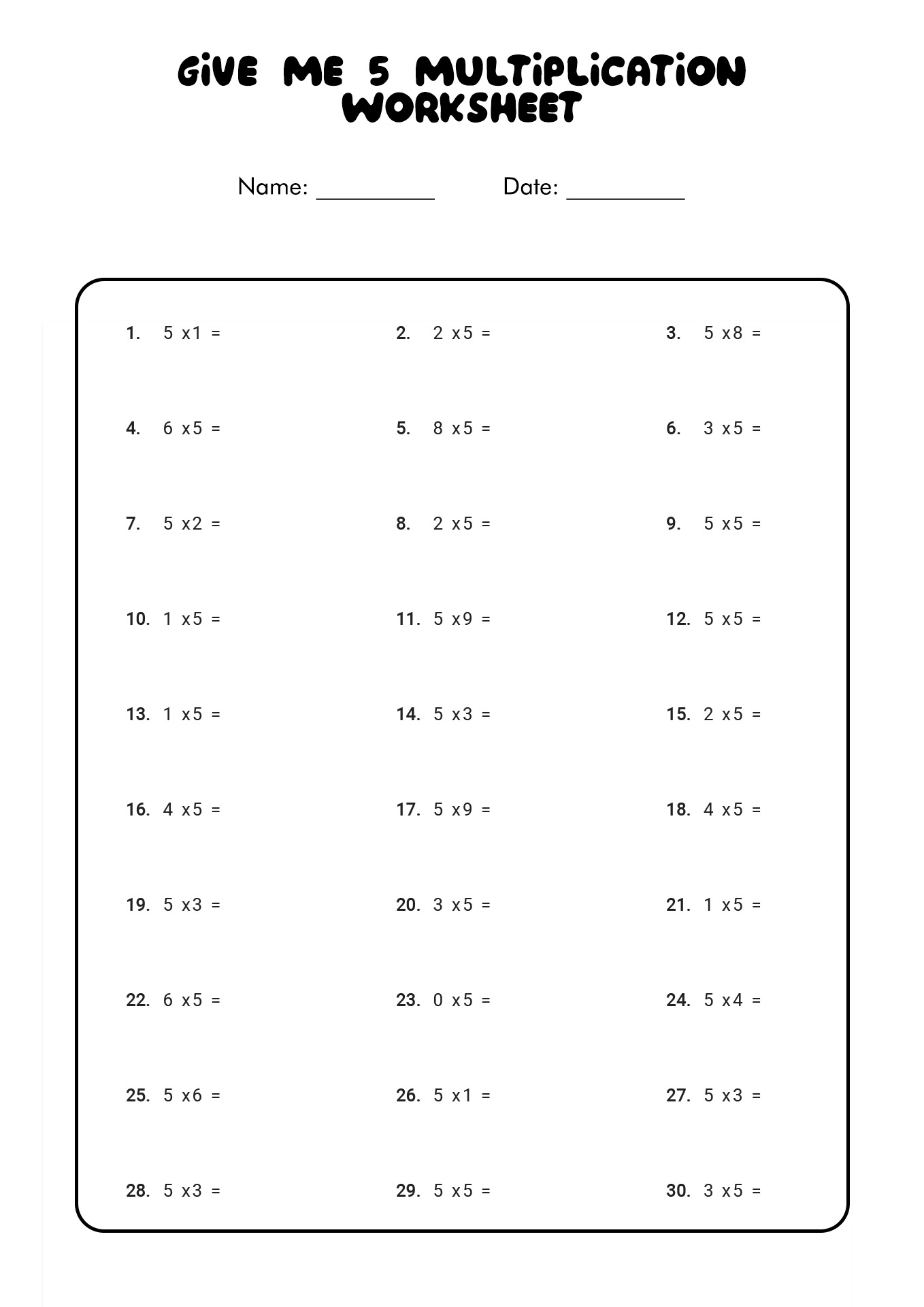 Give Me 5 Multiplication Worksheet Image