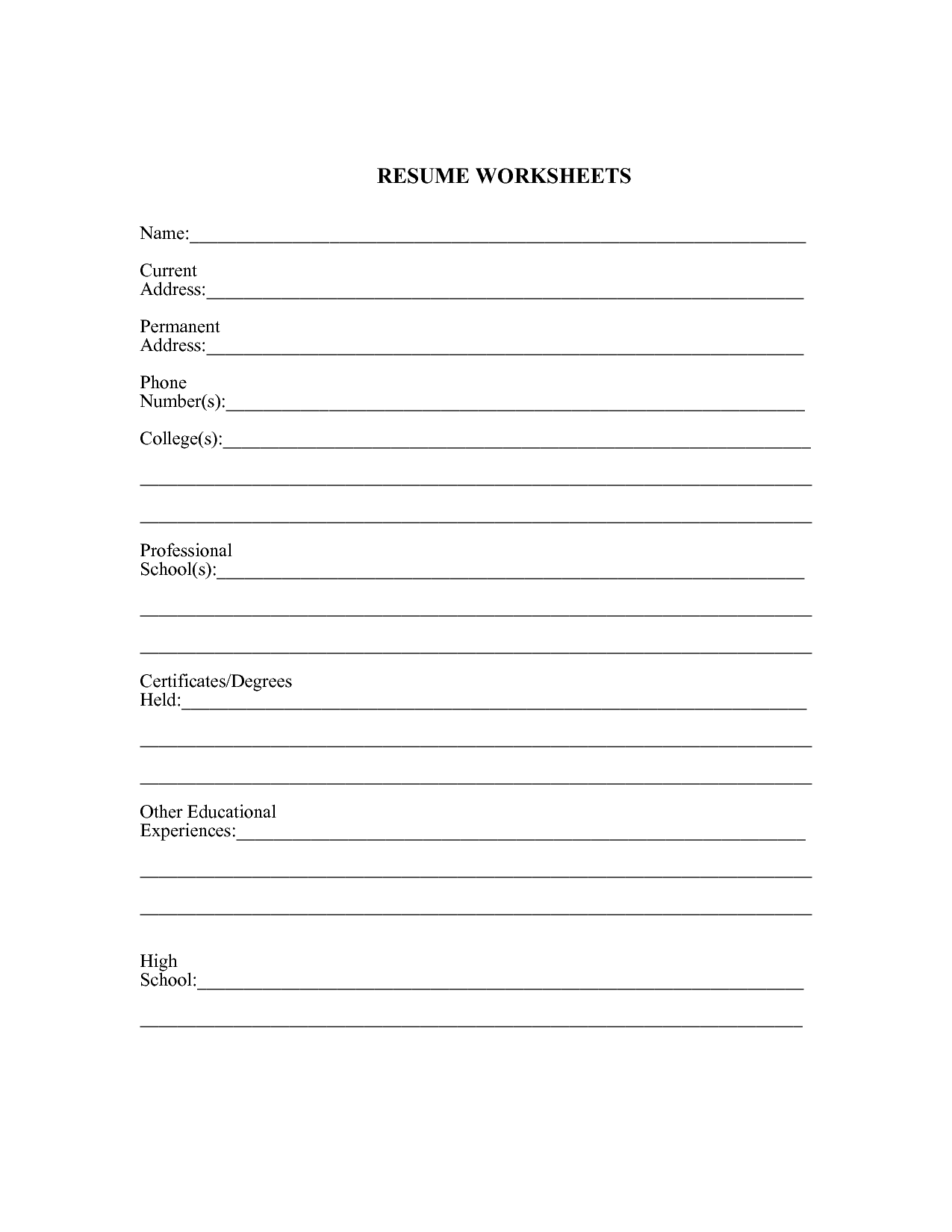 combination resume worksheet