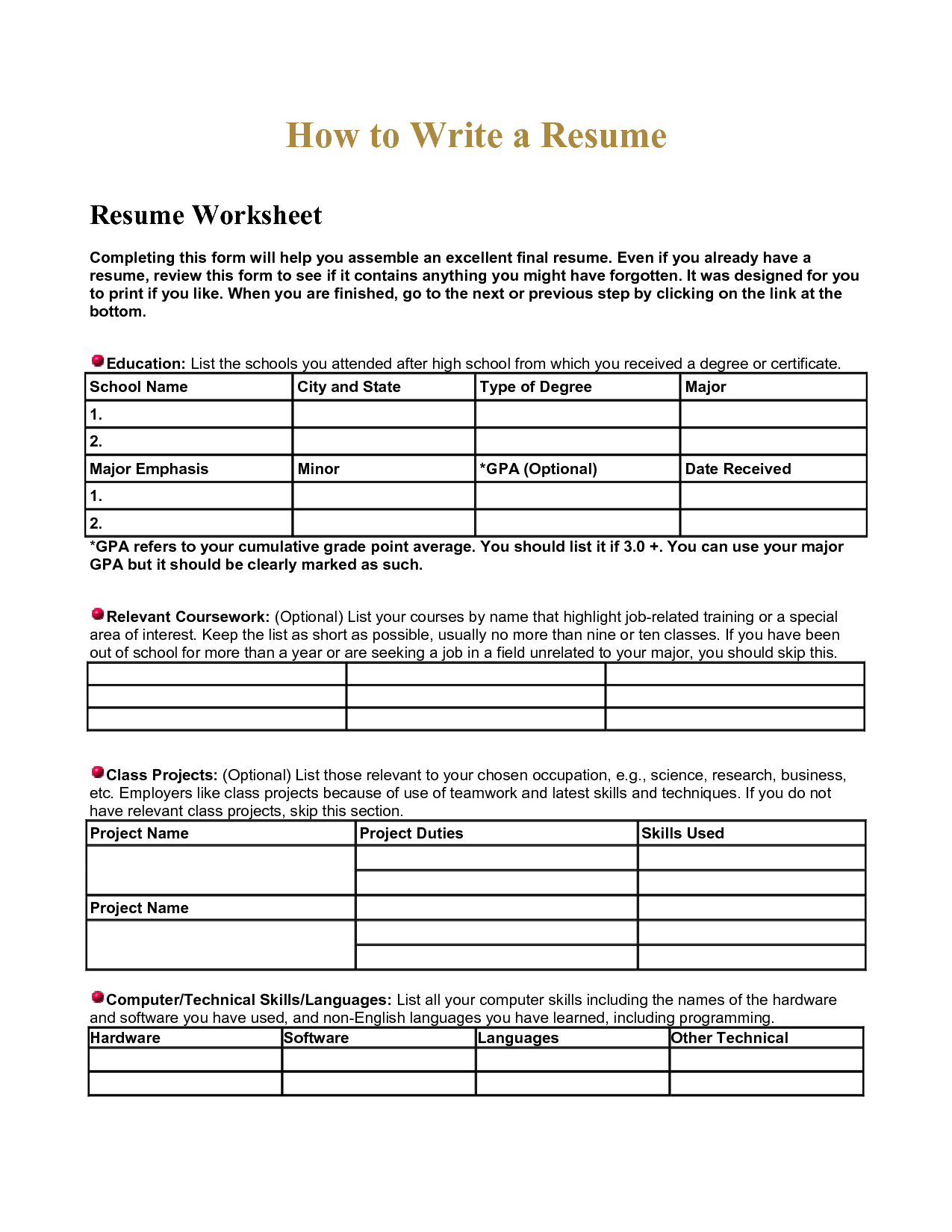 combination resume worksheet