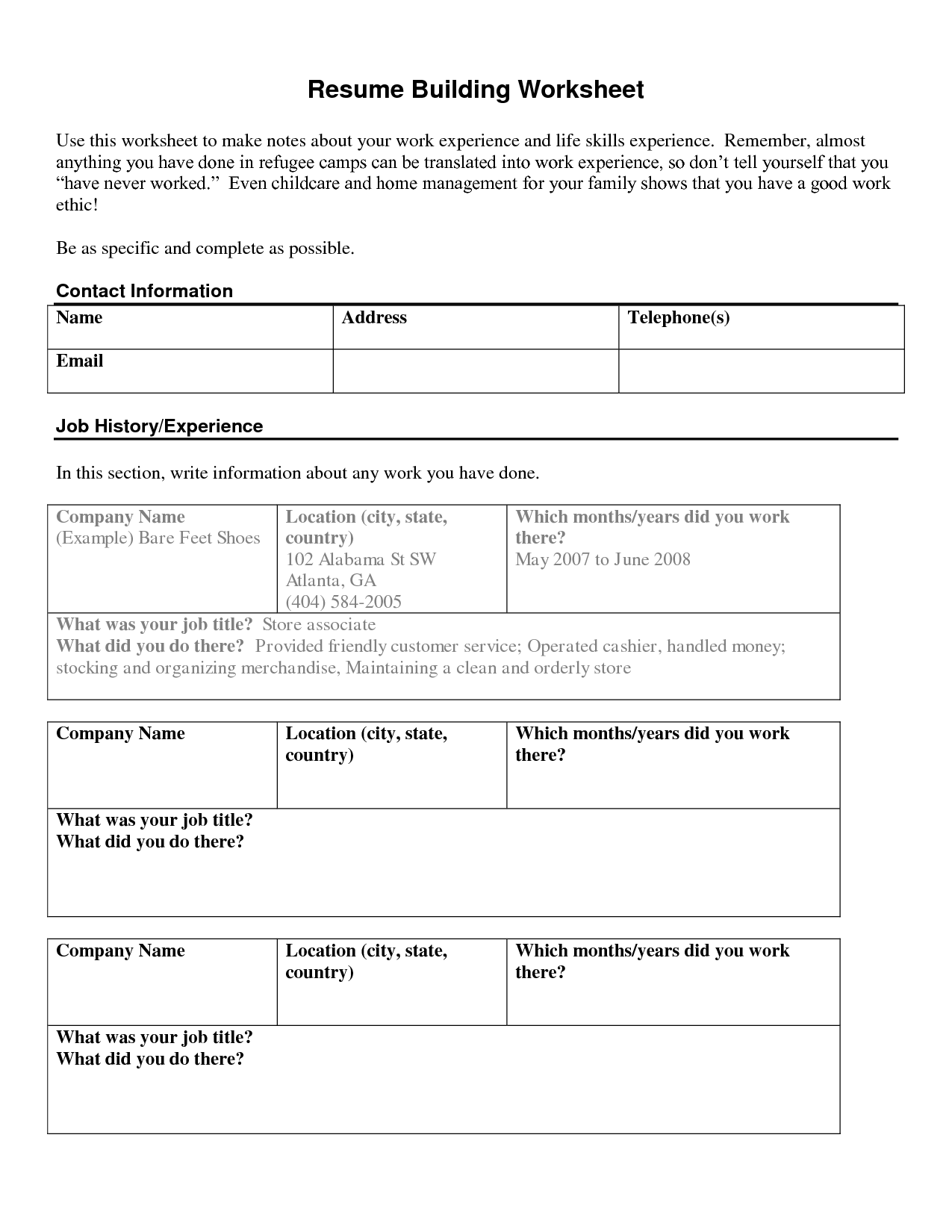combination resume worksheet