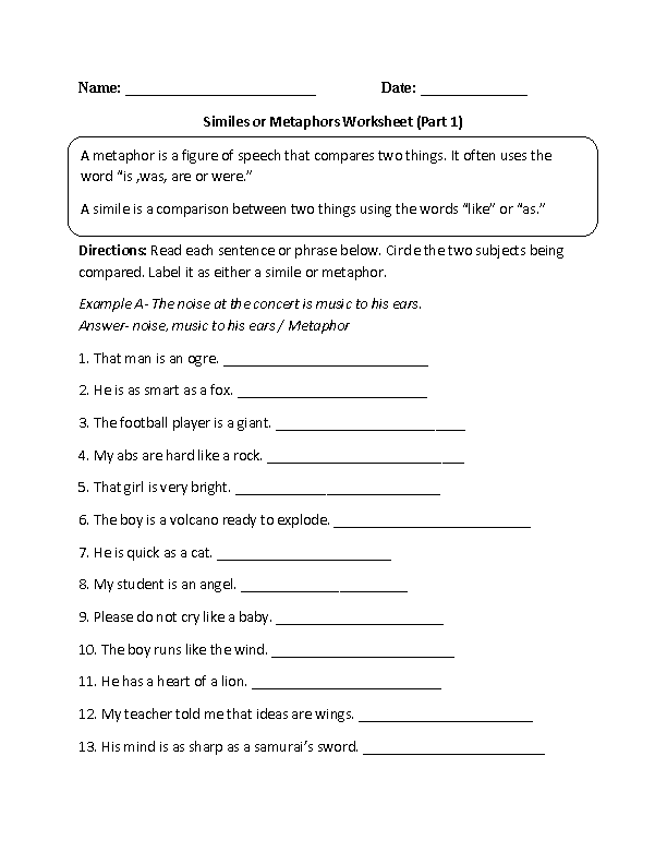 List Of Nouns On Either Side For Metaphor Worksheet