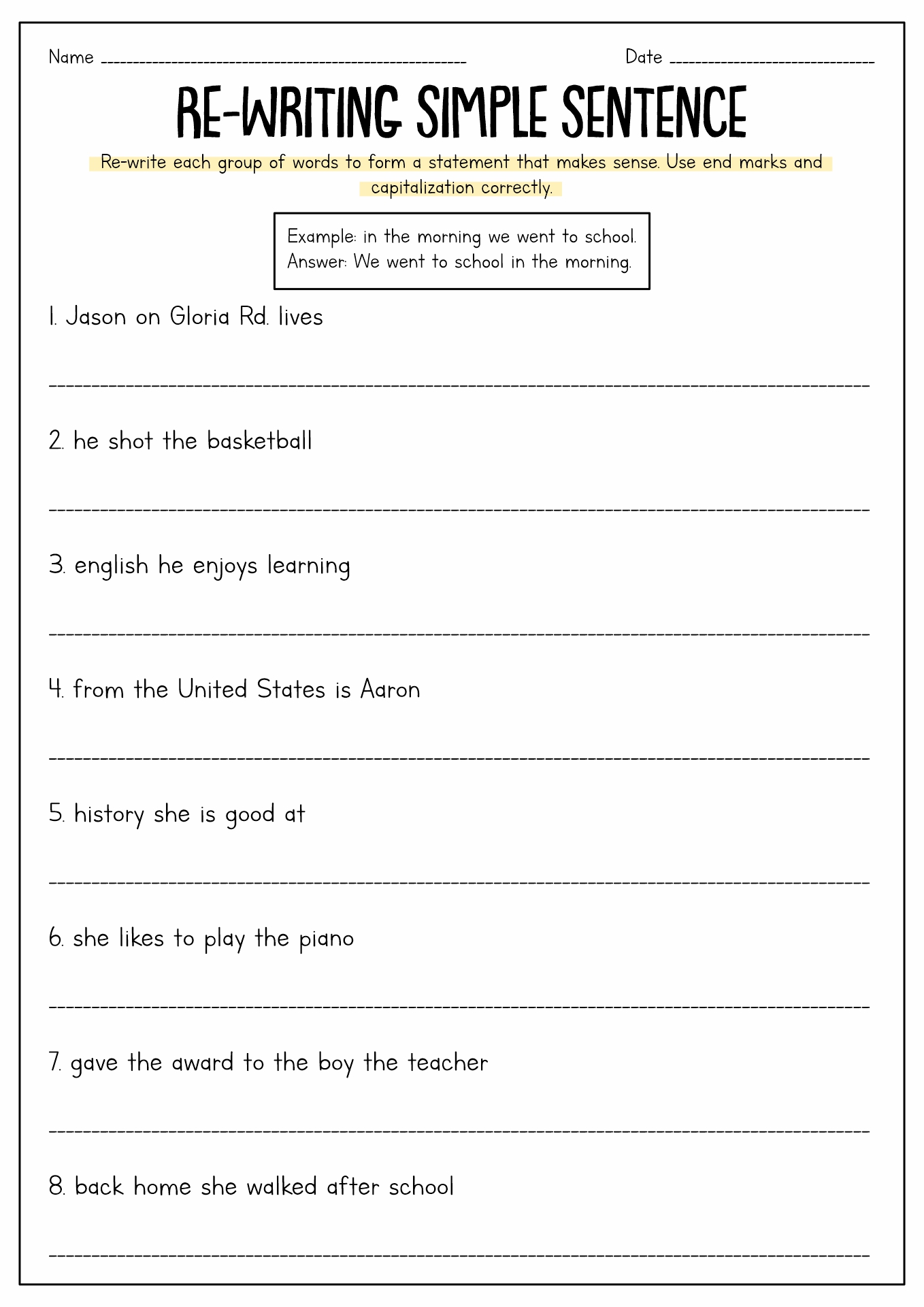 Simple Sentence Worksheets 7th Grade