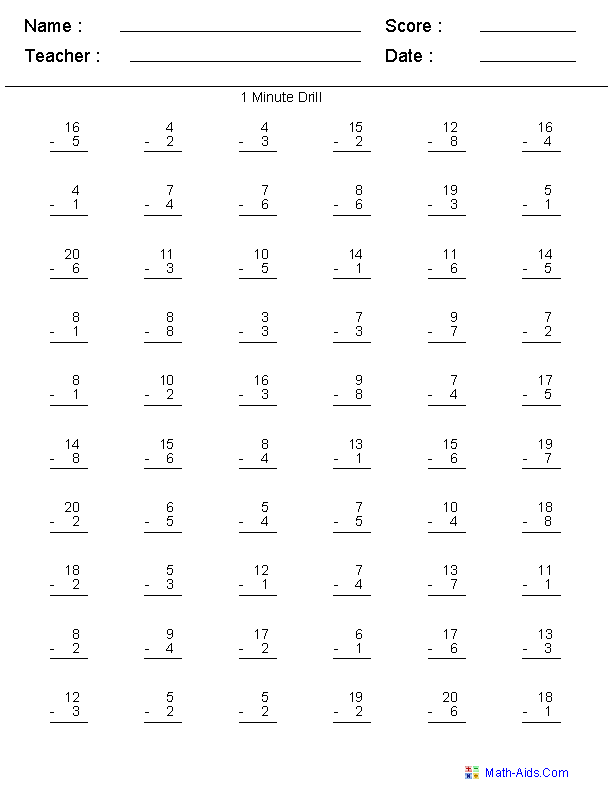 Subtraction Worksheets Grade 1