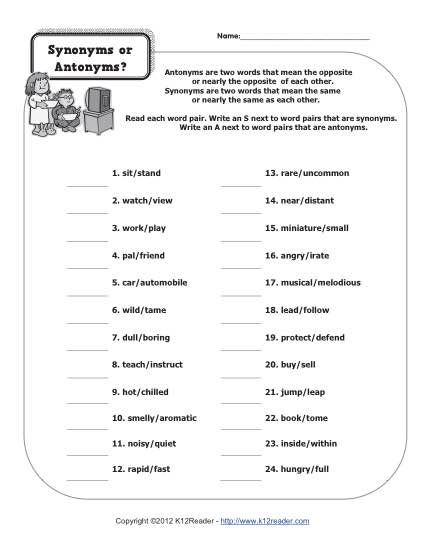 Synonyms and Antonyms Worksheets 3rd Grade Image