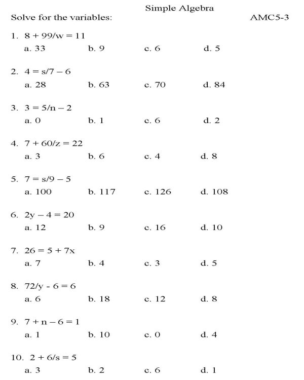 Algebra Math Worksheets Printable