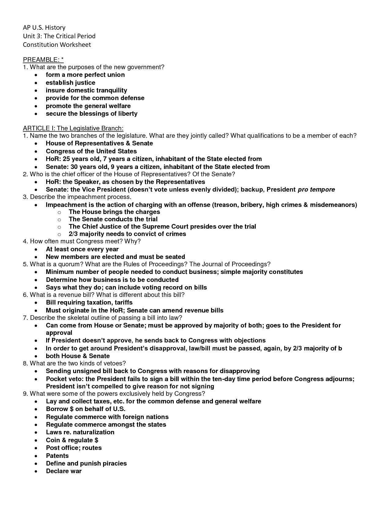 Constitution Worksheet Answers