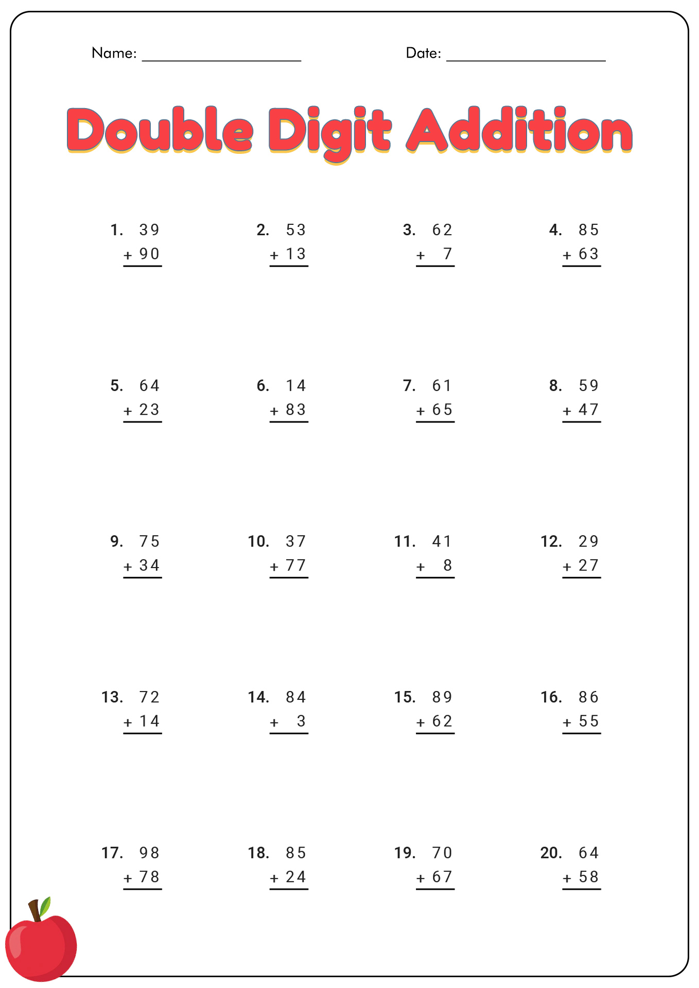 Double-Digit Math Addition Worksheets