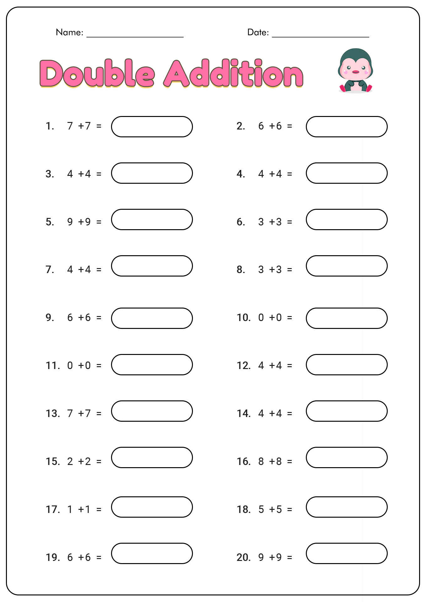 Doubles Math Facts Worksheets