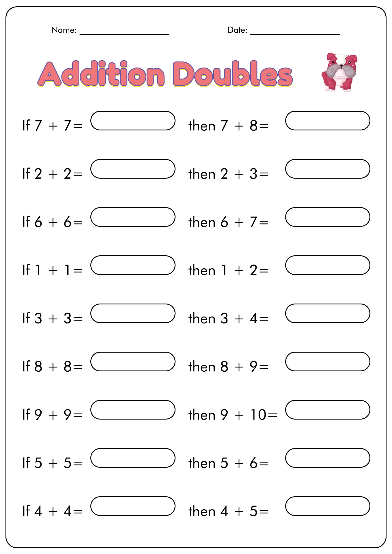 Doubles Plus 1 Addition Worksheet