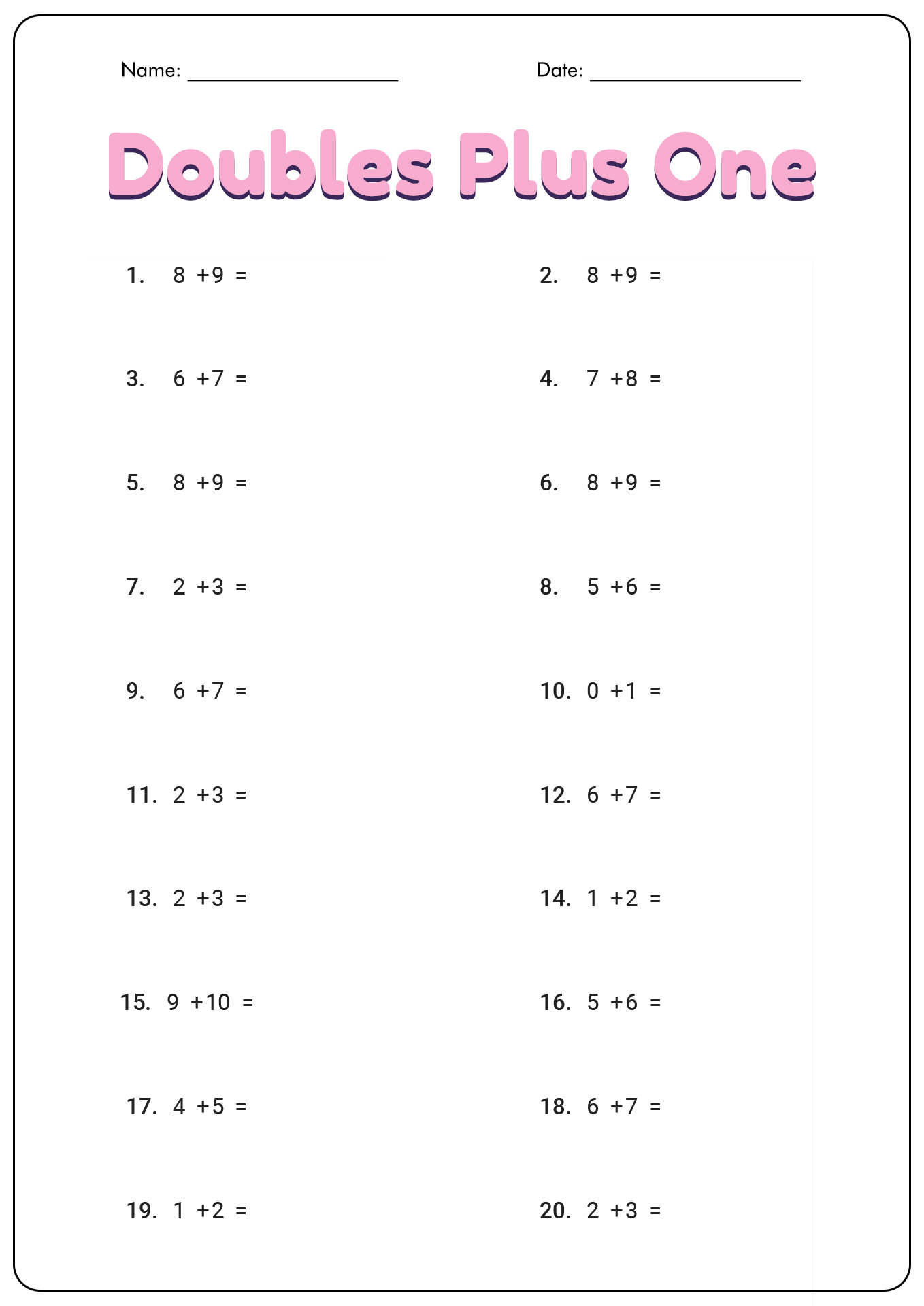 Doubles Plus One Worksheet