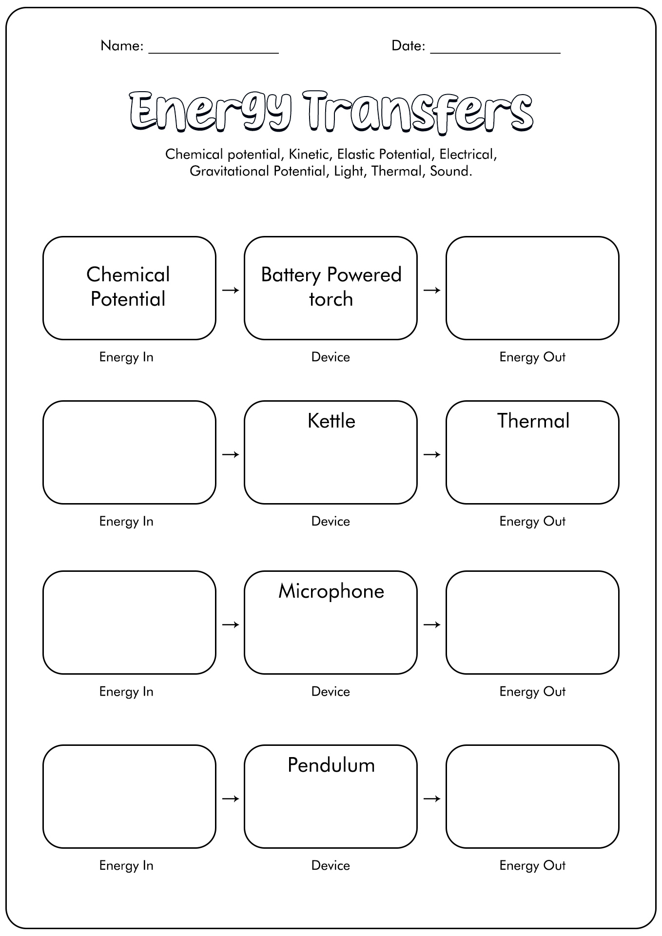 Energy Transfer Worksheets