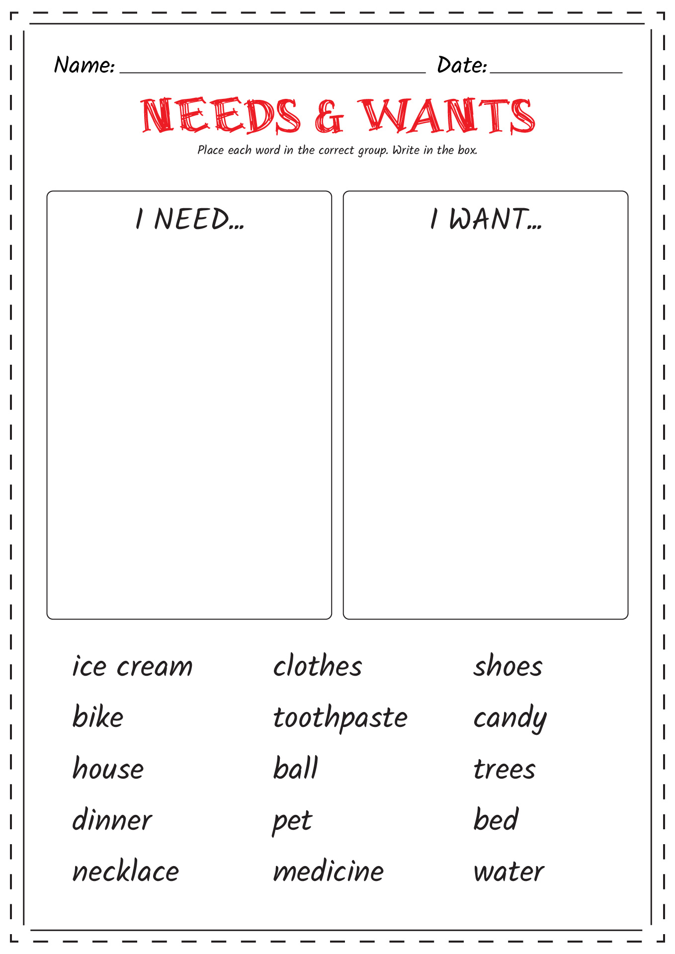 Free Needs and Wants Worksheet