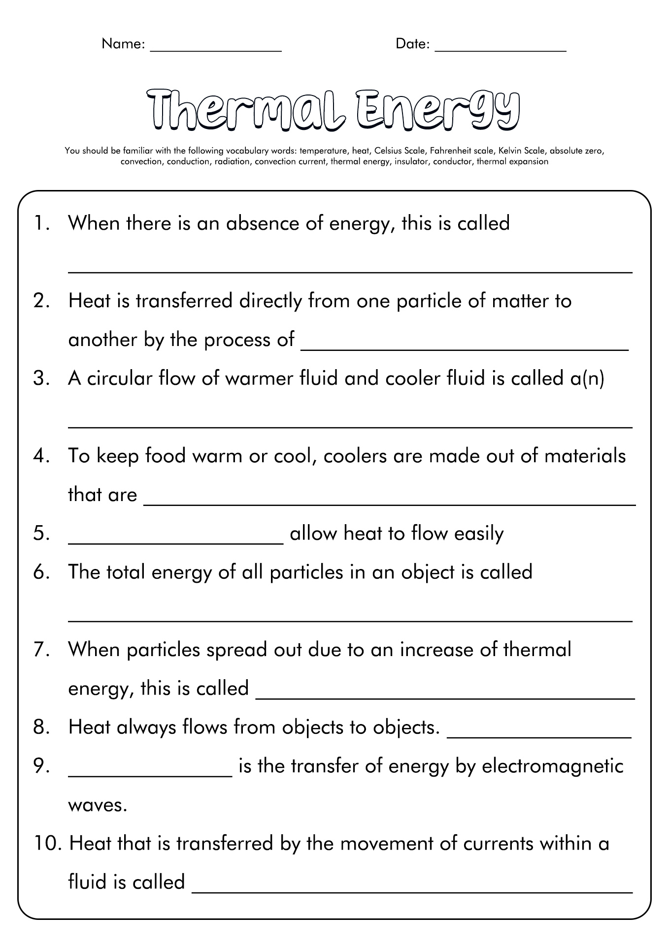Heat and Thermal Energy Worksheet