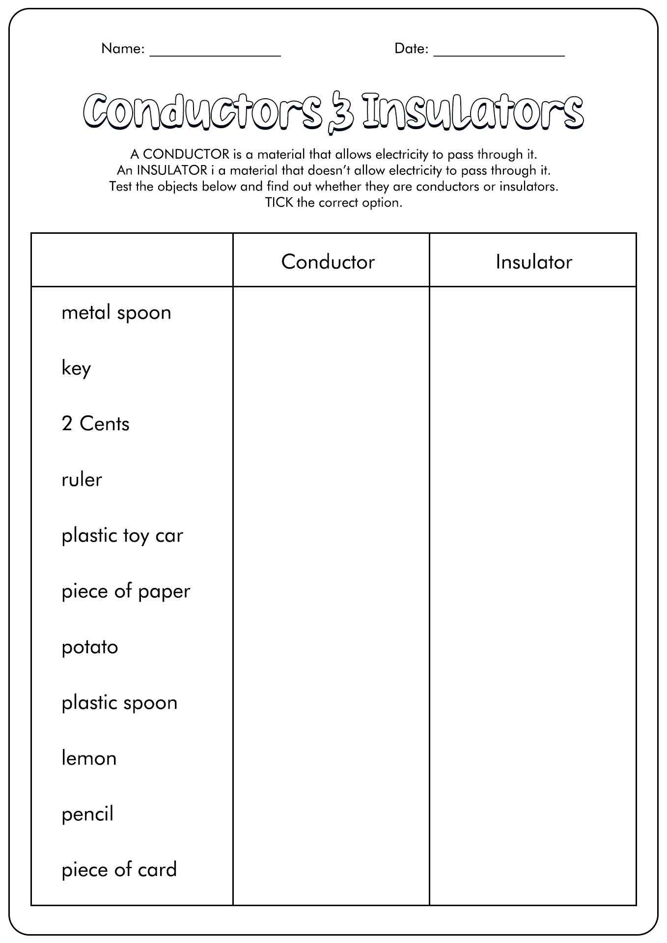 Heat Conductor and Insulator Worksheets 3rd Grade