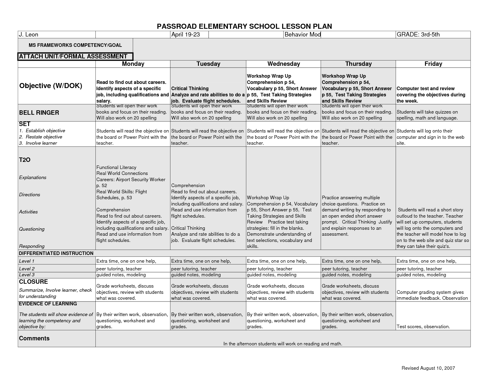 Lesson Plan Template Elementary School Image