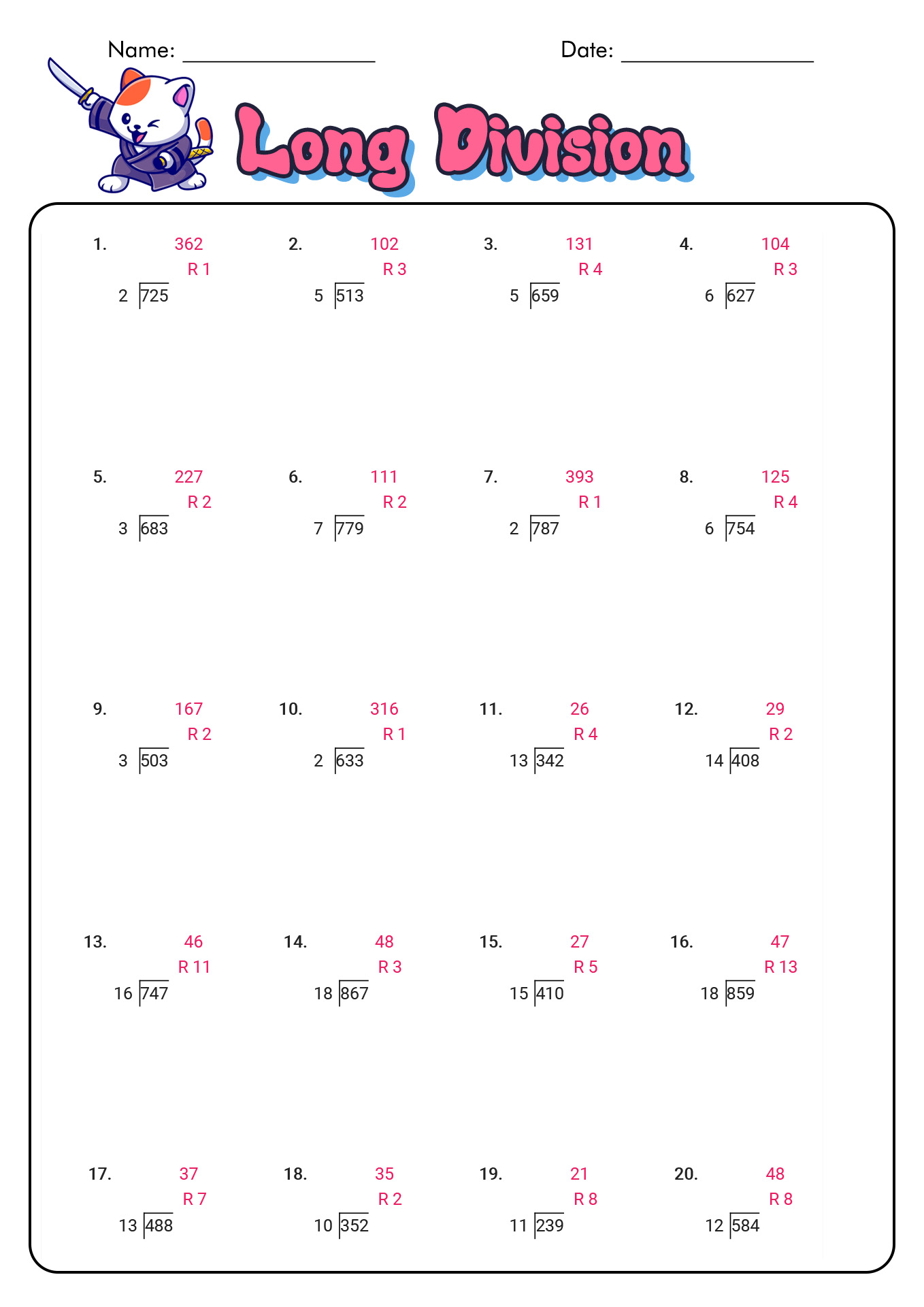 Long Division Worksheets with Answers Image