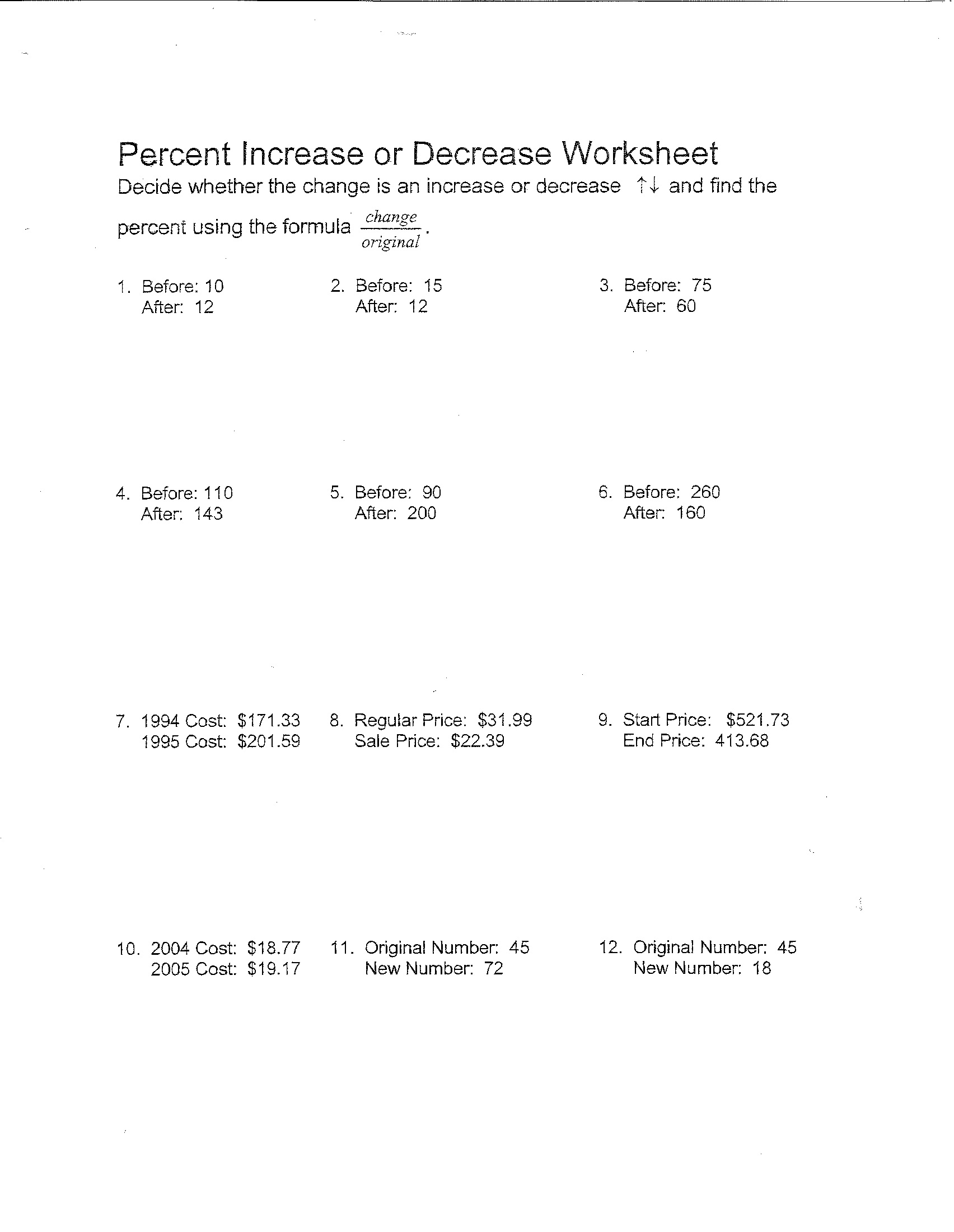 Percent Increase or Decrease Worksheet Image