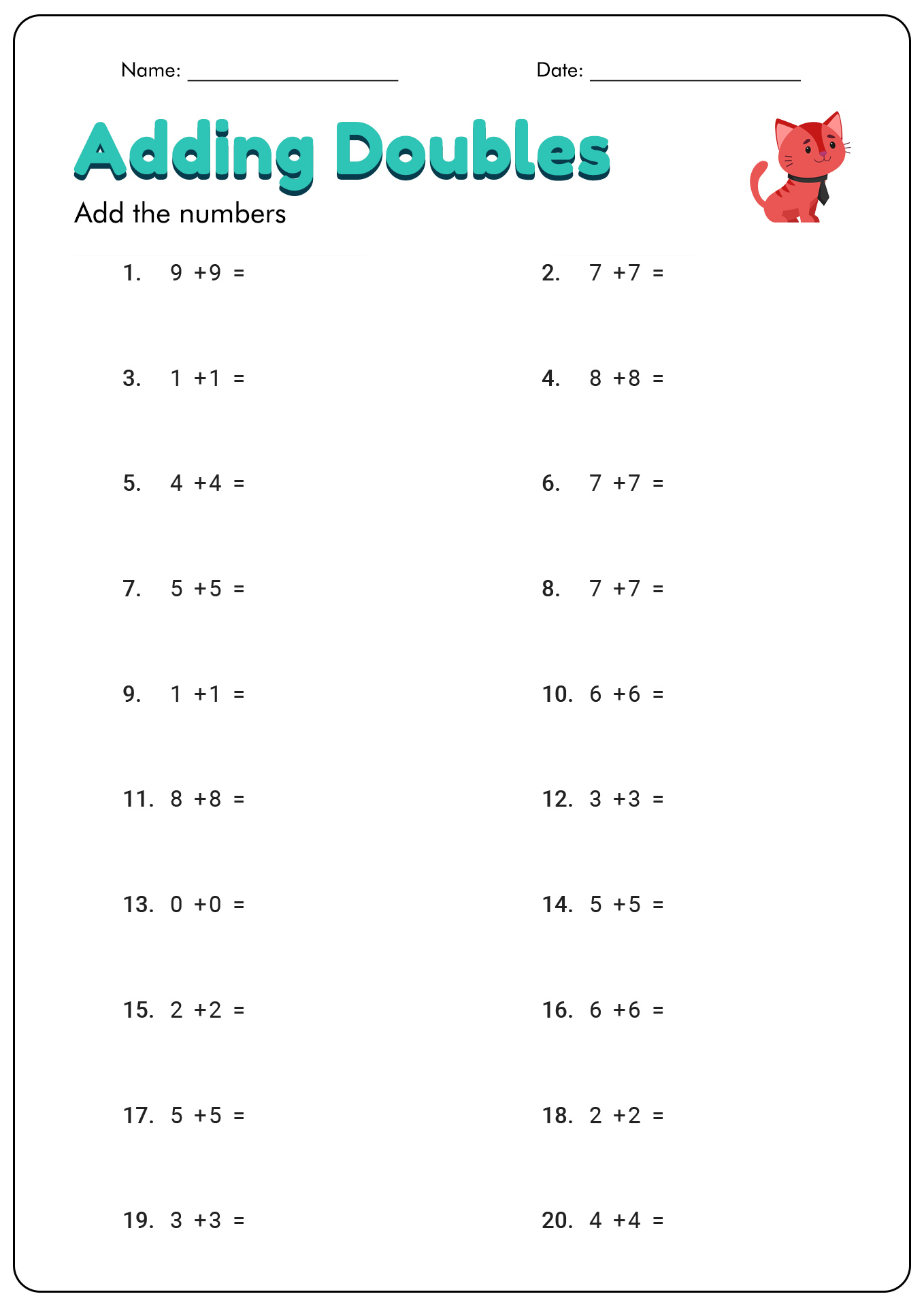 Printable Addition Worksheets Adding Doubles First Grade