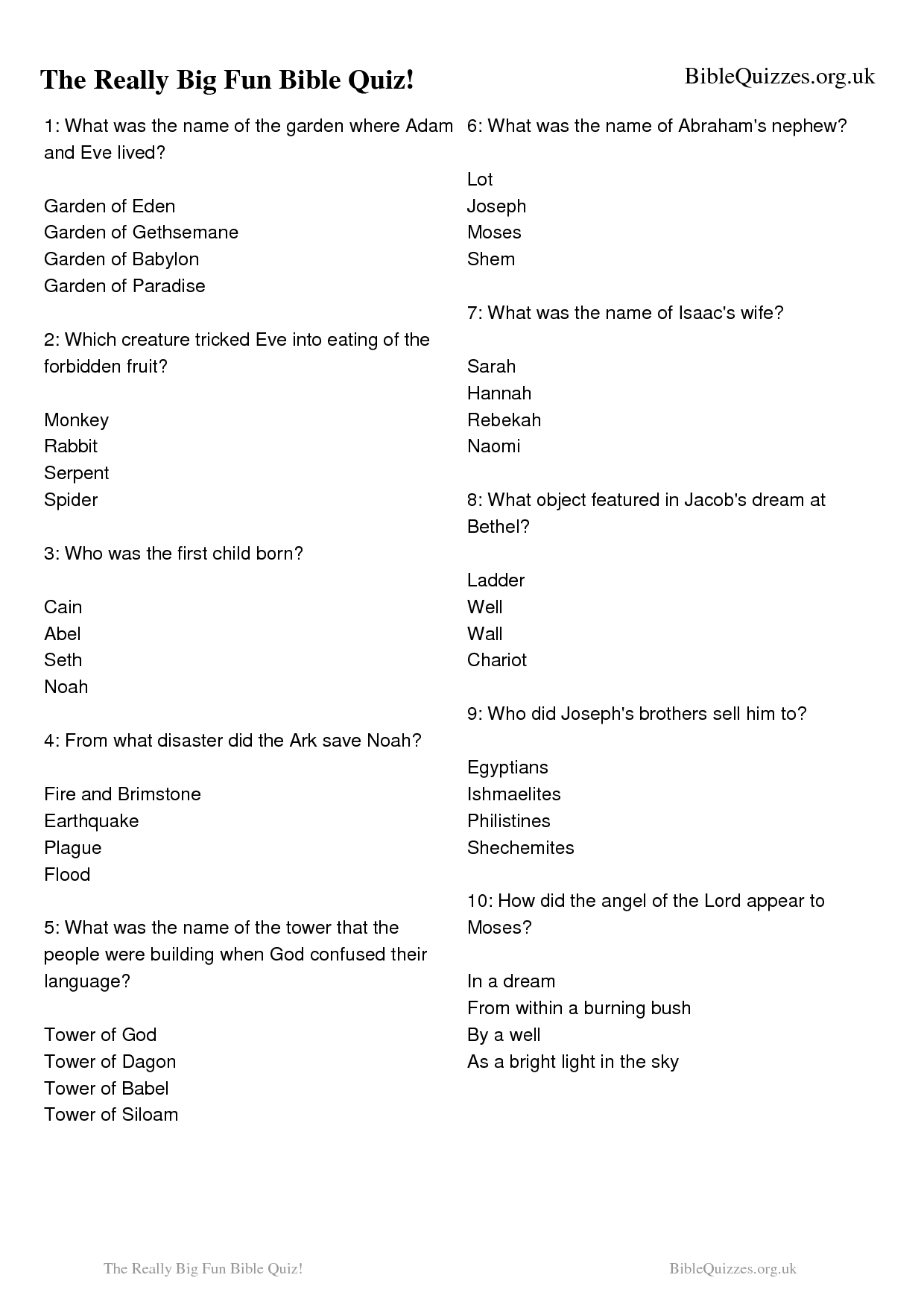 Bible Worksheets Questions and Answers