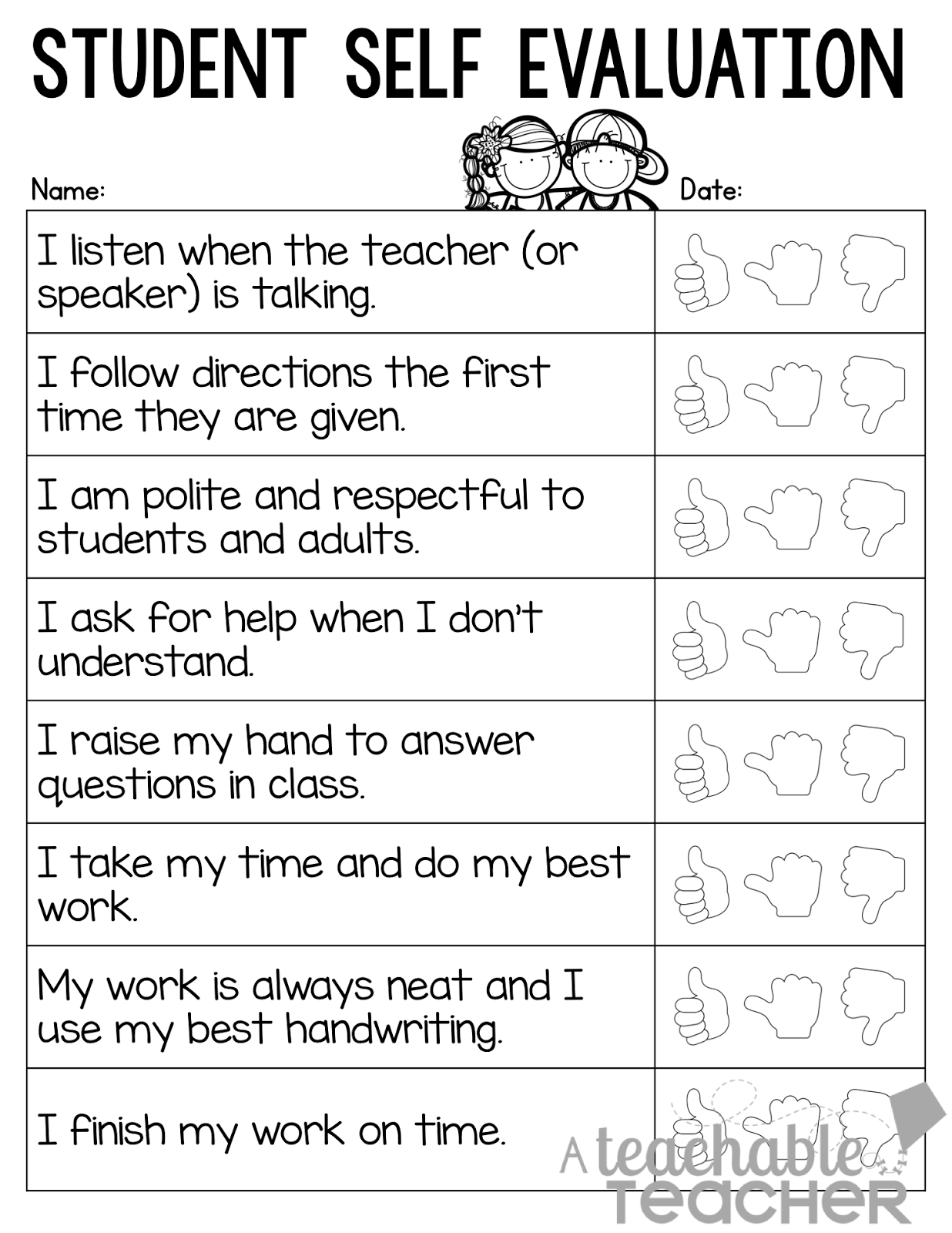 Student Self Evaluation Form Image