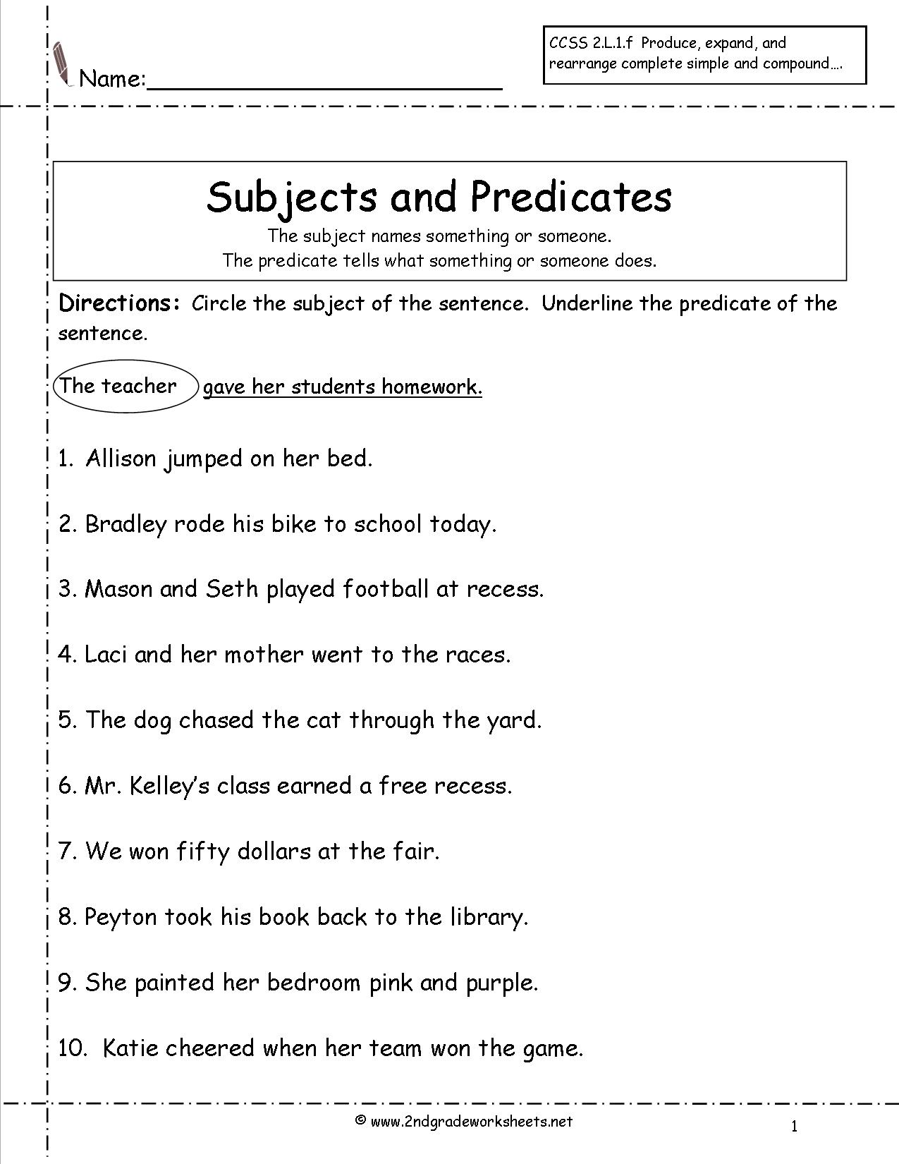 Subject and Predicate Worksheets Image