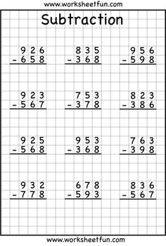 3-Digit Subtraction Math Worksheets Image
