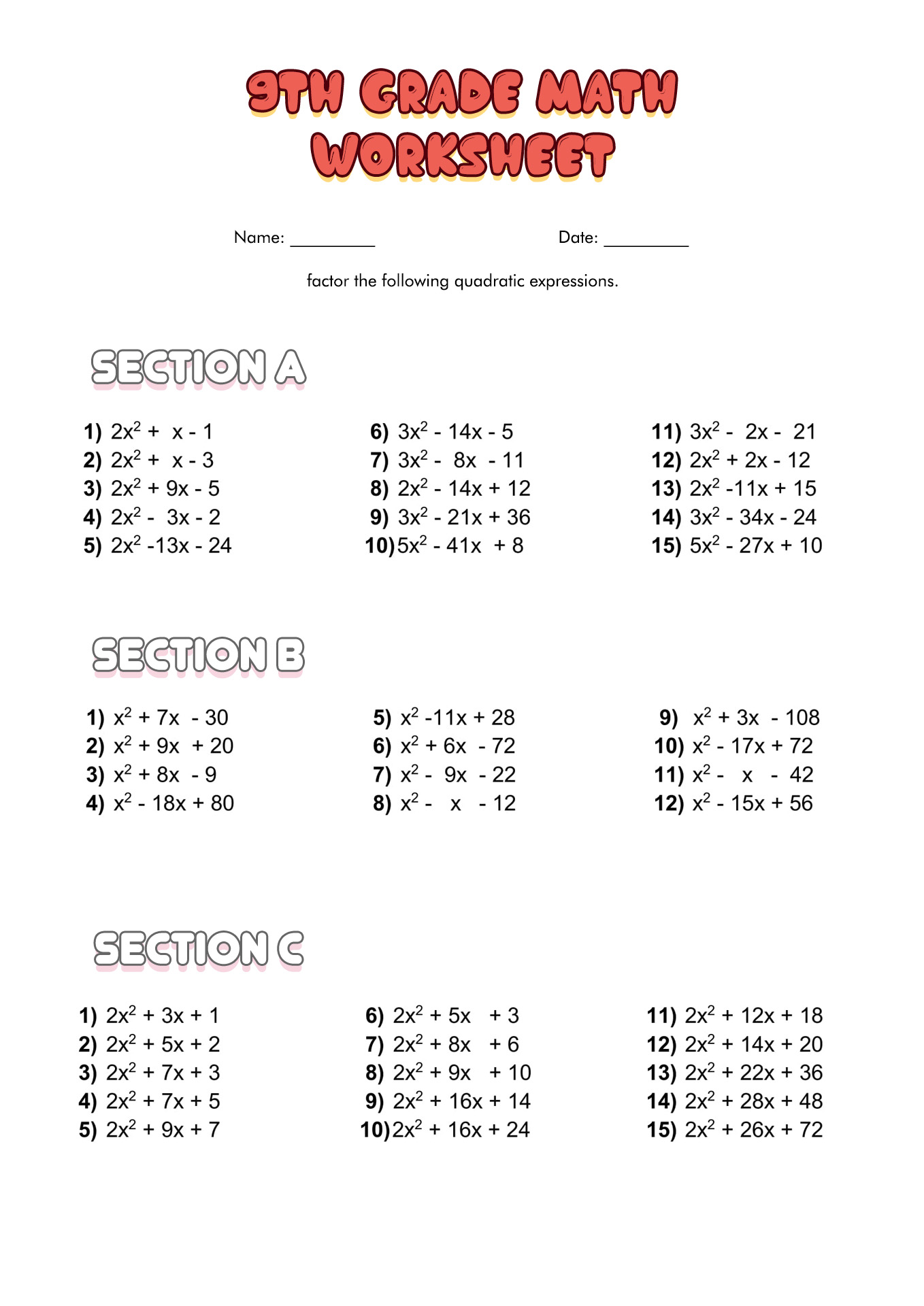9th Grade Algebra Math Worksheets Printable