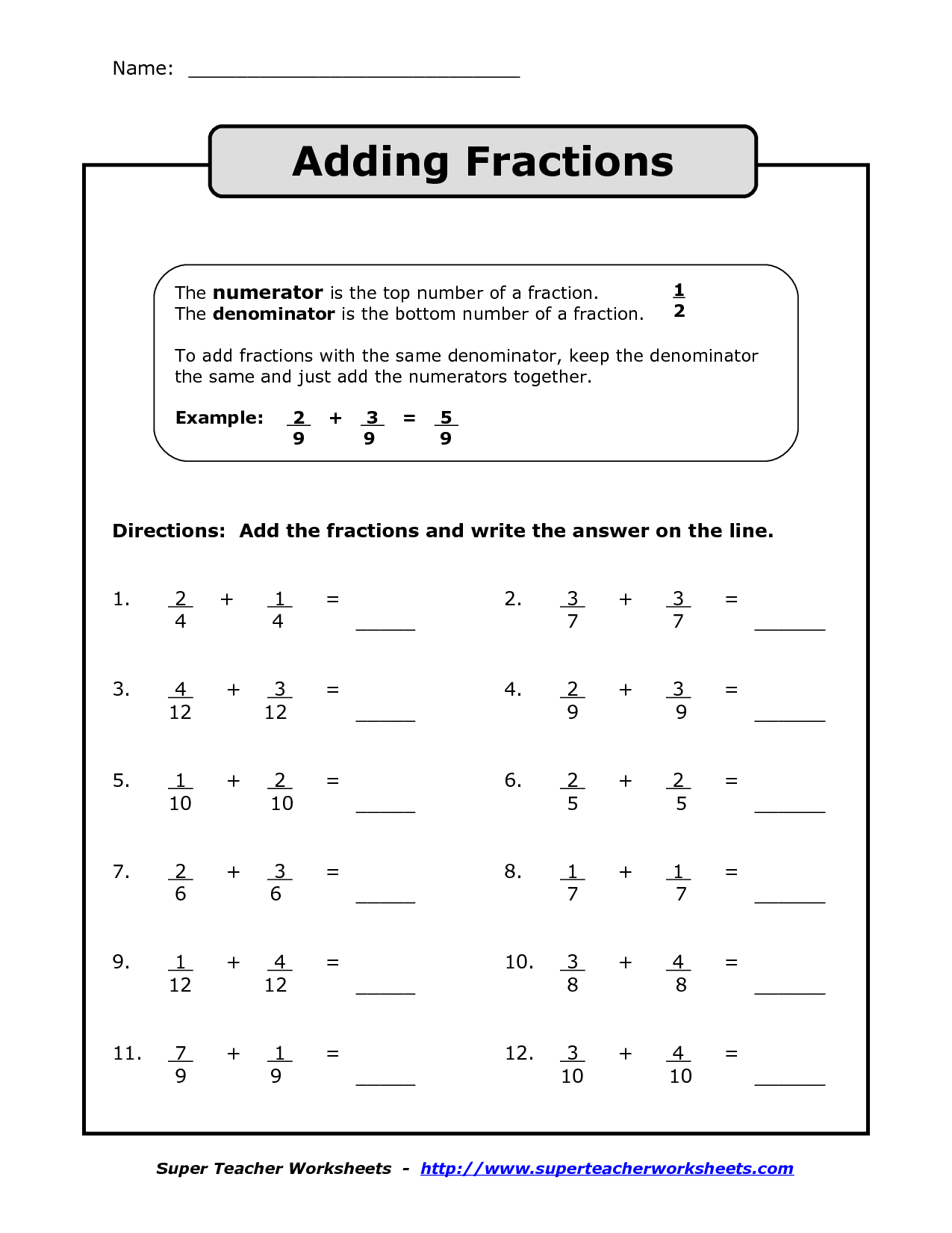 Free Printable Worksheet On Adding Fractions