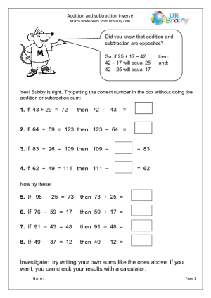 Addition and Subtraction Inverse Relationships Worksheets Image