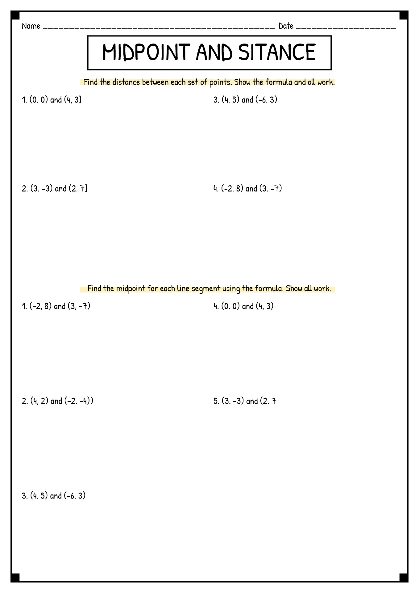 Distance Formula Worksheet Whole Numbers