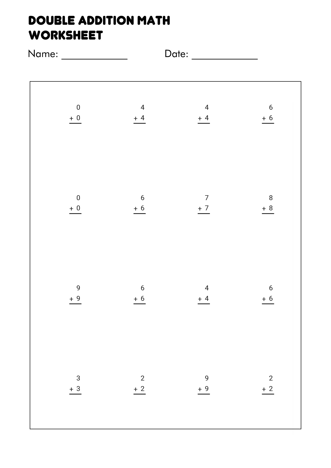 Double Addition Math Worksheets for 2nd Grade