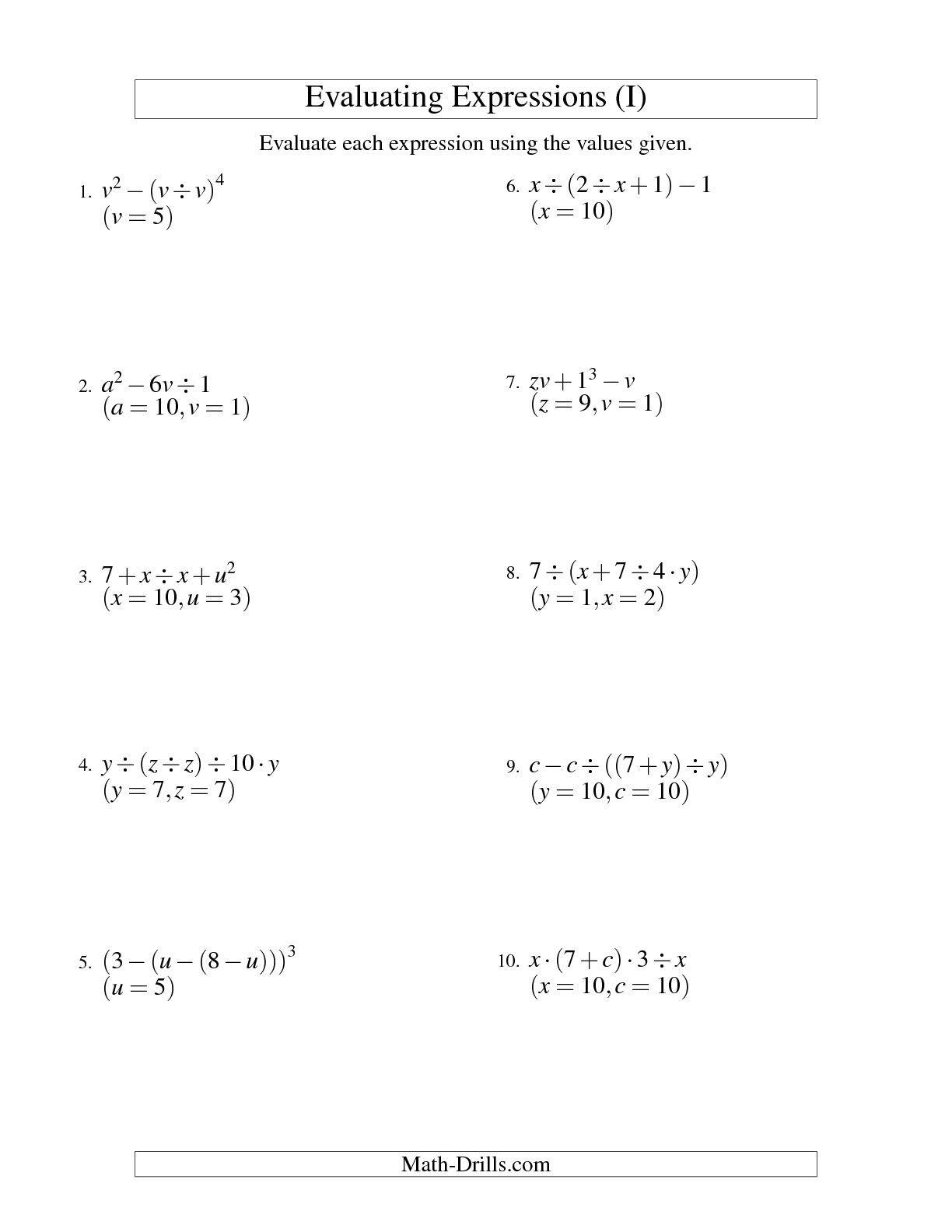 Evaluating Expressions Worksheet Answer Key