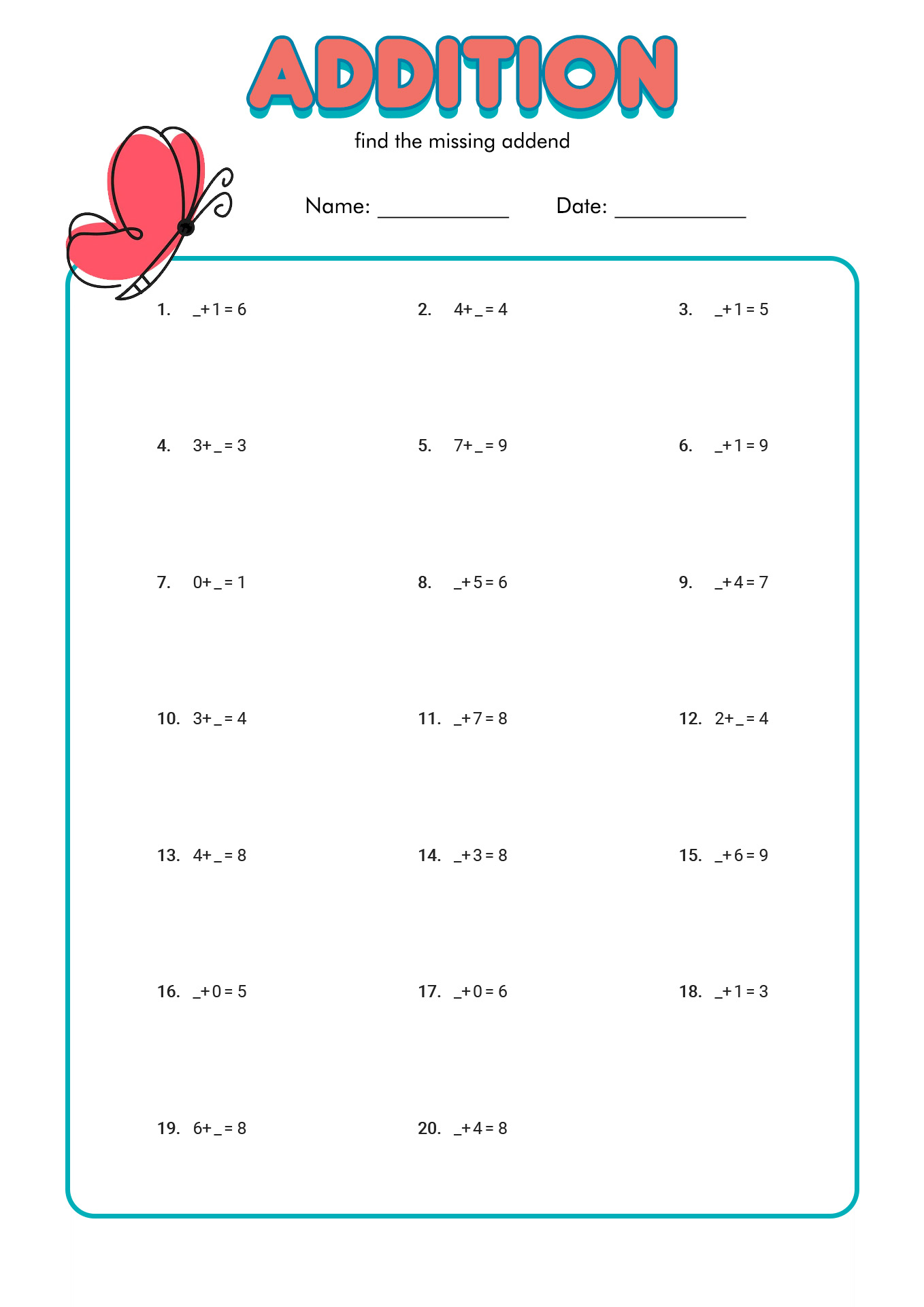 First Grade Missing Number Worksheets Image