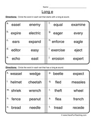 Long E Words Worksheets Image
